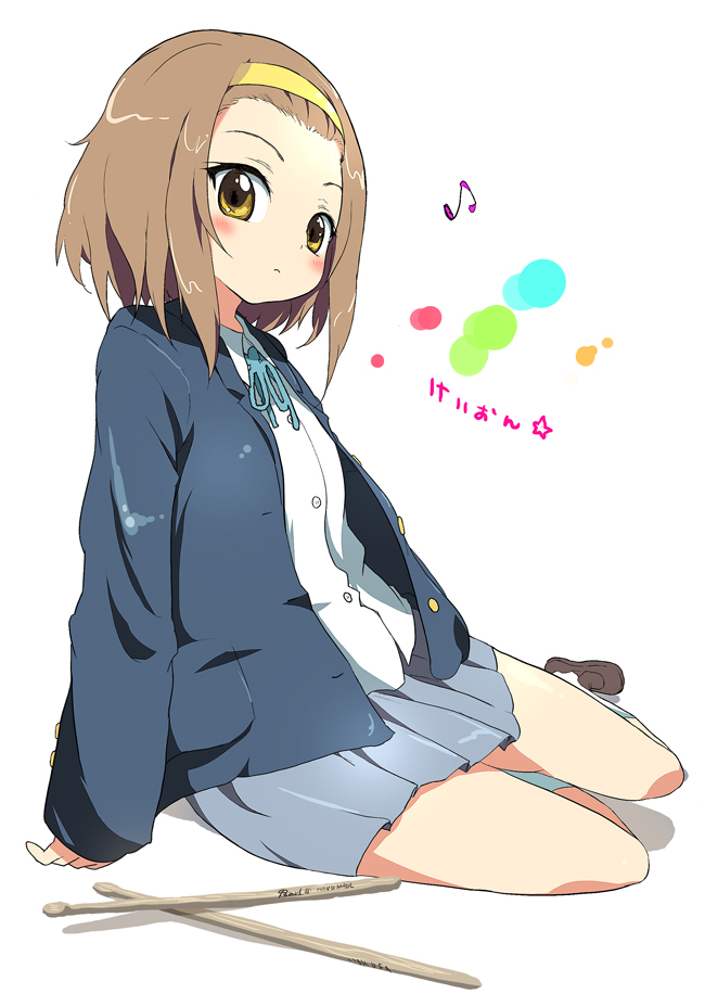asano shimon, tainaka ritsu, k-on!, 00s, 1girl, blazer, blush, brown eyes, brown hair, dress shirt, drumsticks, female focus, full body, hair ornament, hairband, headband, jacket, miniskirt, pleated skirt, ribbon, school uniform, shirt, shoes, short hair, sitting, skirt, socks, solo, tomboy, yellow eyes