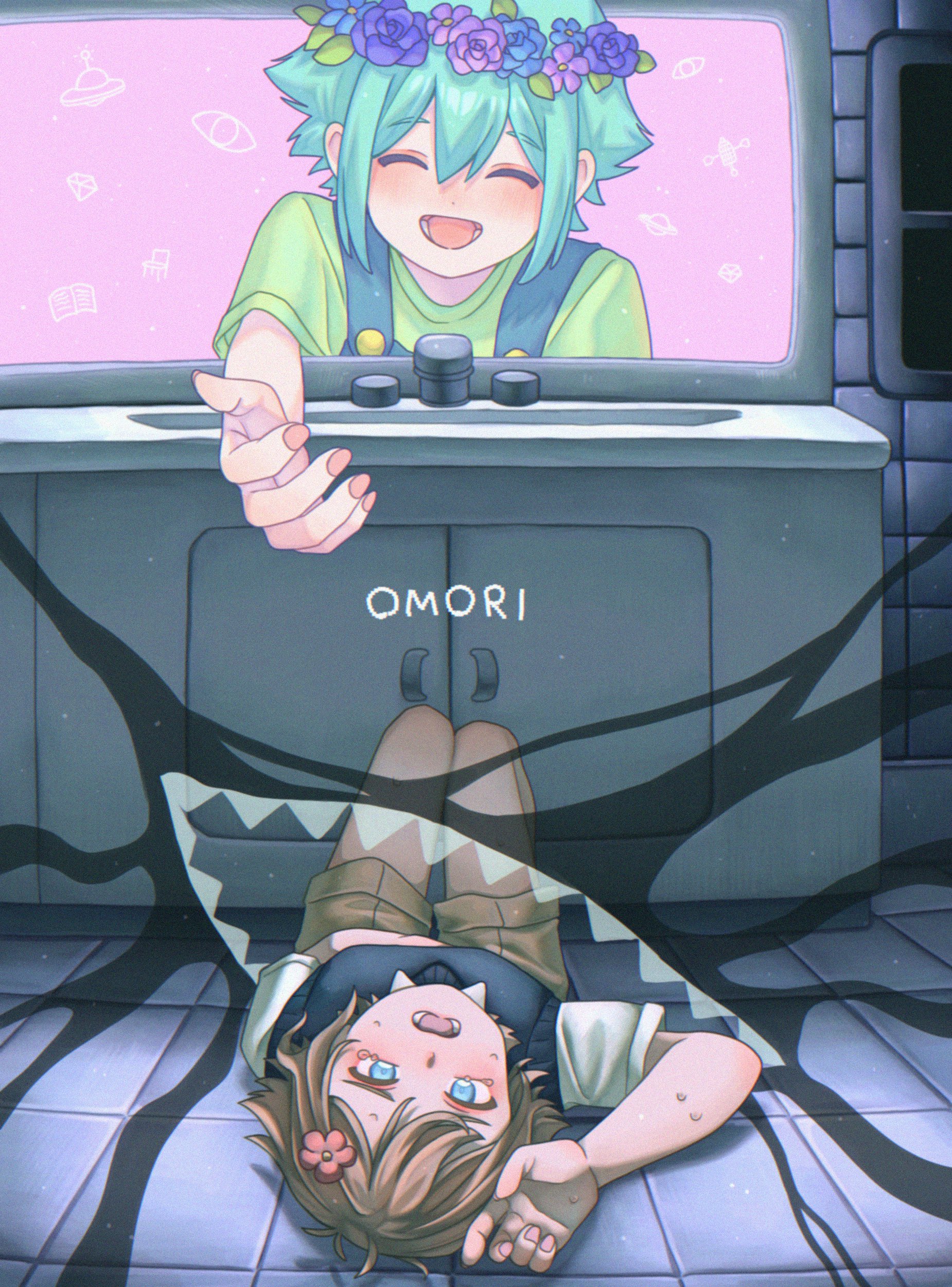 basil (faraway) (omori), basil (headspace) (omori), basil (omori), something (omori), omori, absurdres, highres, 2boys, bathroom, blonde hair, blue eyes, blue overalls, blush, brown shorts, closed eyes, collared shirt, copyright name, double-parted bangs, faucet, flower, flower wreath, green hair, green shirt, green sweater vest, hair between eyes, hair flower, hair ornament, head wreath, indoors, kmyq4knnni5257, lower teeth only, lying, mirror, multiple boys, on back, open mouth, overalls, shirt, short sleeves, shorts, sidelocks, sink, smile, sweat, sweater vest, t-shirt, teeth, tongue, white shirt, window