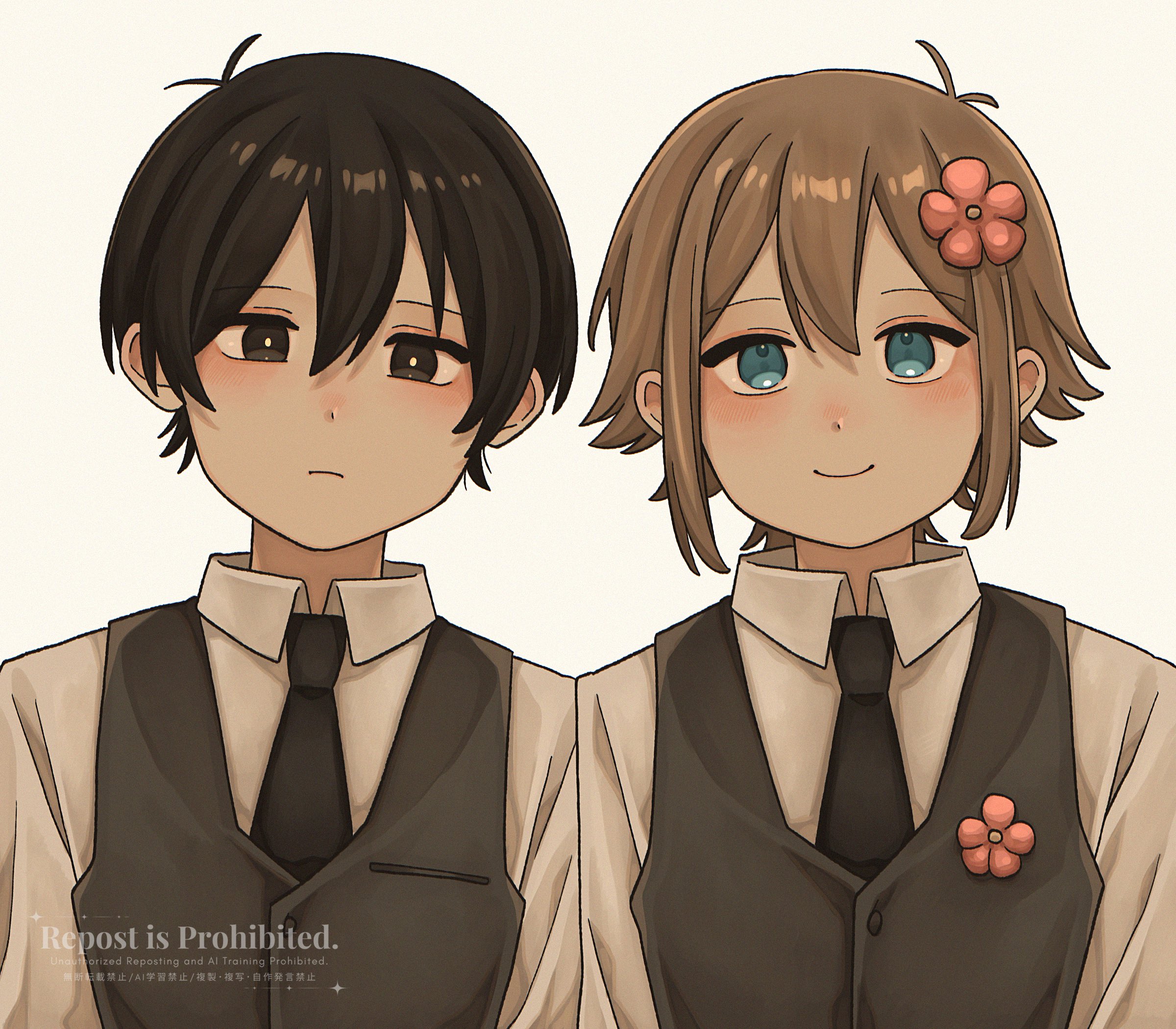 basil (faraway) (omori), basil (omori), sunny (omori), omori, highres, 2boys, alternate costume, antenna hair, black eyes, black hair, black necktie, black vest, blonde hair, blue eyes, blush, bright pupils, closed mouth, collared shirt, double-parted bangs, flower, grey background, hair flower, hair ornament, kmyq4knnni5257, long sleeves, looking at viewer, male focus, multiple boys, necktie, shirt, short hair, sidelocks, simple background, smile, vest, watermark, white pupils, white shirt