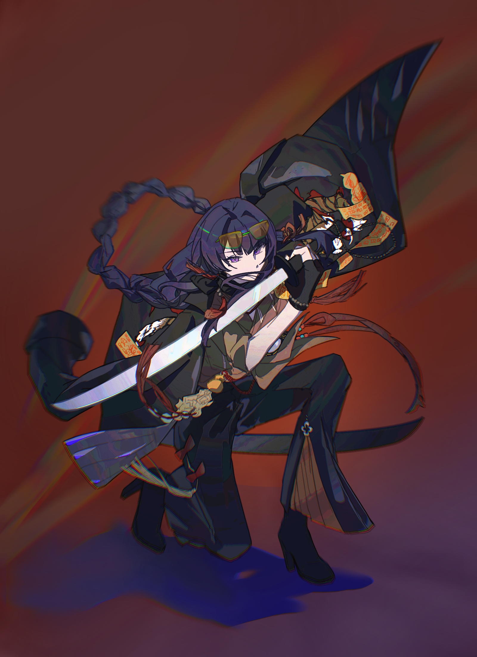 momogourami, raiden shogun, genshin impact, chinese commentary, commission, highres, second-party source, 1girl, alternate costume, alternate universe, black boots, black gloves, black jacket, black pants, blunt ends, boots, braid, brown shirt, eyewear on head, fingerless gloves, floating hair, gloves, gradient hair, hair floating upwards, head tilt, holding, holding sword, holding weapon, jacket, jacket on shoulders, leather, leather jacket, long braid, looking at viewer, mole, mole under eye, multicolored hair, no mouth, on one knee, pants, purple hair, red background, shirt, single braid, sleeves rolled up, solo, sunglasses, sword, weapon