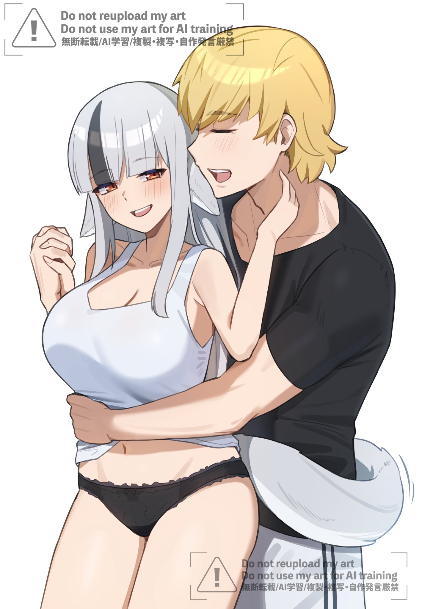 nkirii, siegbert (fire emblem), velouria (fire emblem), fire emblem, fire emblem fates, nintendo, commission, highres, 1boy, 1girl, black panties, black shirt, blonde hair, breasts, couple, grey hair, hetero, hug, hug from behind, large breasts, panties, shirt, tank top, thighs, underwear, white tank top
