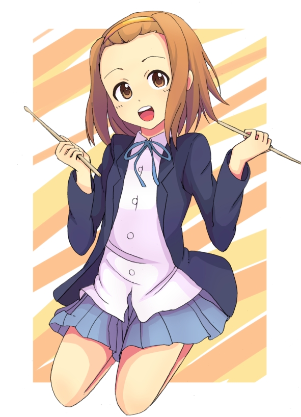 omatti, tainaka ritsu, k-on!, 00s, 1girl, blazer, brown eyes, brown hair, drumsticks, female focus, full body, hair ornament, hairband, headband, jacket, jumping, laughing, miniskirt, pleated skirt, ribbon, school uniform, short hair, skirt, smile, solo, tomboy