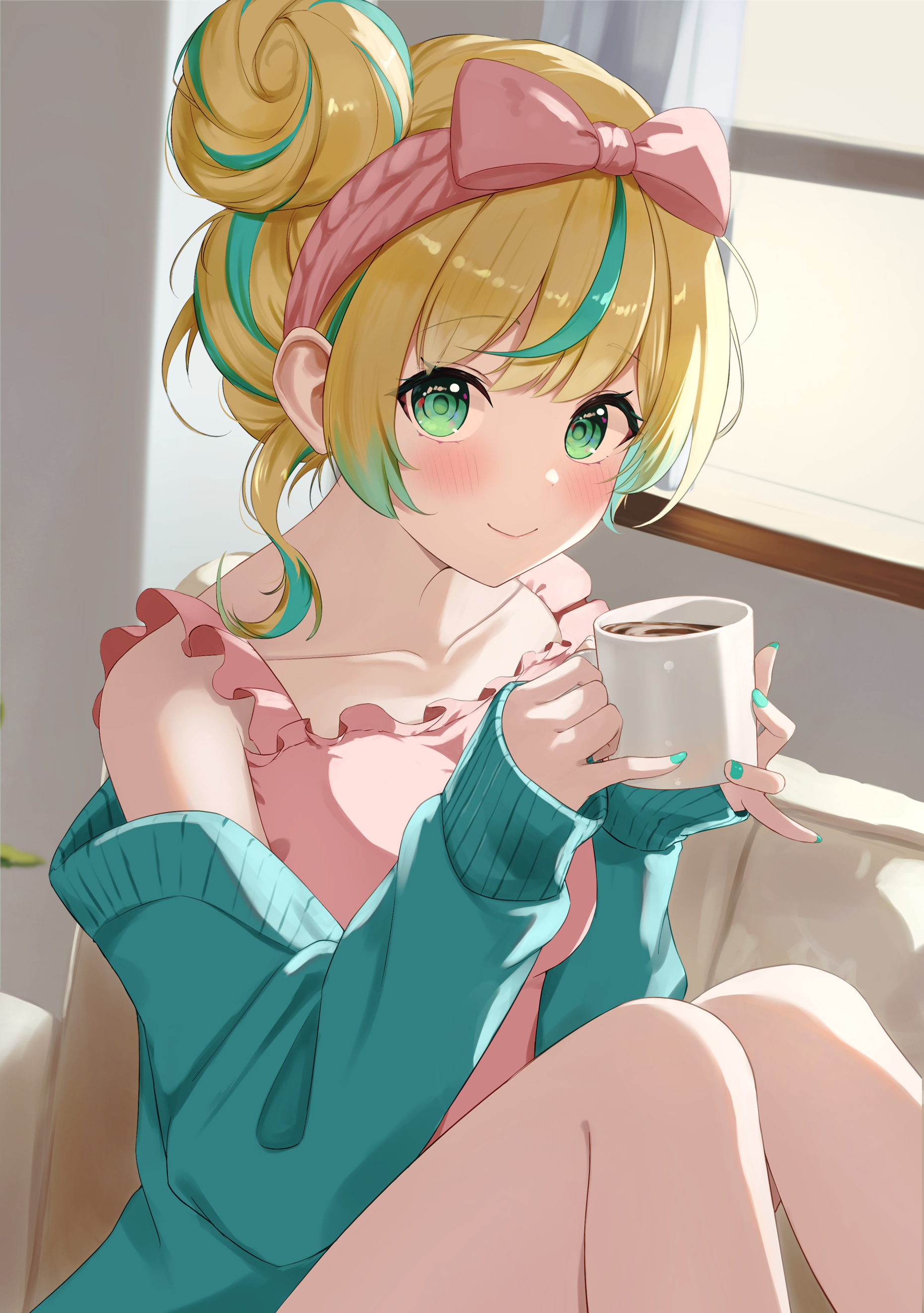 takechi49, tachitsute toto, nijisanji, absurdres, highres, 1girl, aqua hair, blonde hair, blush, bow hairband, breasts, camisole, cardigan, closed mouth, coffee mug, collarbone, couch, cup, frilled camisole, frills, green cardigan, green eyes, hair bun, hairband, holding, holding cup, indoors, long sleeves, looking at viewer, mug, multicolored hair, on couch, open cardigan, open clothes, pink camisole, pink hairband, short hair, simple background, single hair bun, single side bun, sitting, smile, solo, streaked hair, sweater, thighs, virtual youtuber, window