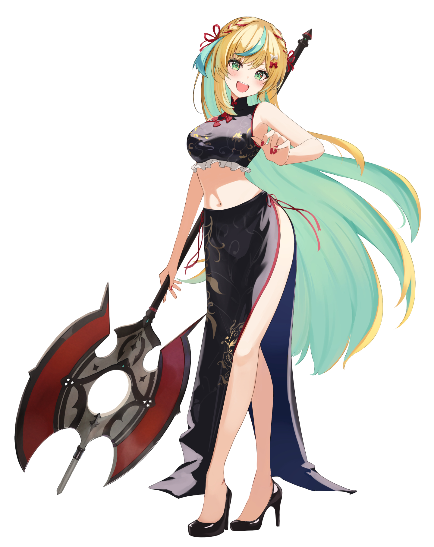 takechi49, tachitsute toto, nijisanji, highres, 1girl, :d, aqua hair, arm up, armpits, axe, bare shoulders, battle axe, black dress, black shoes, blonde hair, blush, breasts, china dress, chinese clothes, crop top, cropped shirt, double-sided axe, dress, green eyes, hair ribbon, high heels, holding, holding axe, indoors, large breasts, long hair, long skirt, looking at viewer, multicolored hair, navel, open mouth, print dress, red nails, ribbon, shanghai neckline, shoes, side slit, simple background, skirt, sleeveless, sleeveless dress, smile, solo, stomach, streaked hair, teeth, upper teeth only, virtual youtuber, weapon, white background