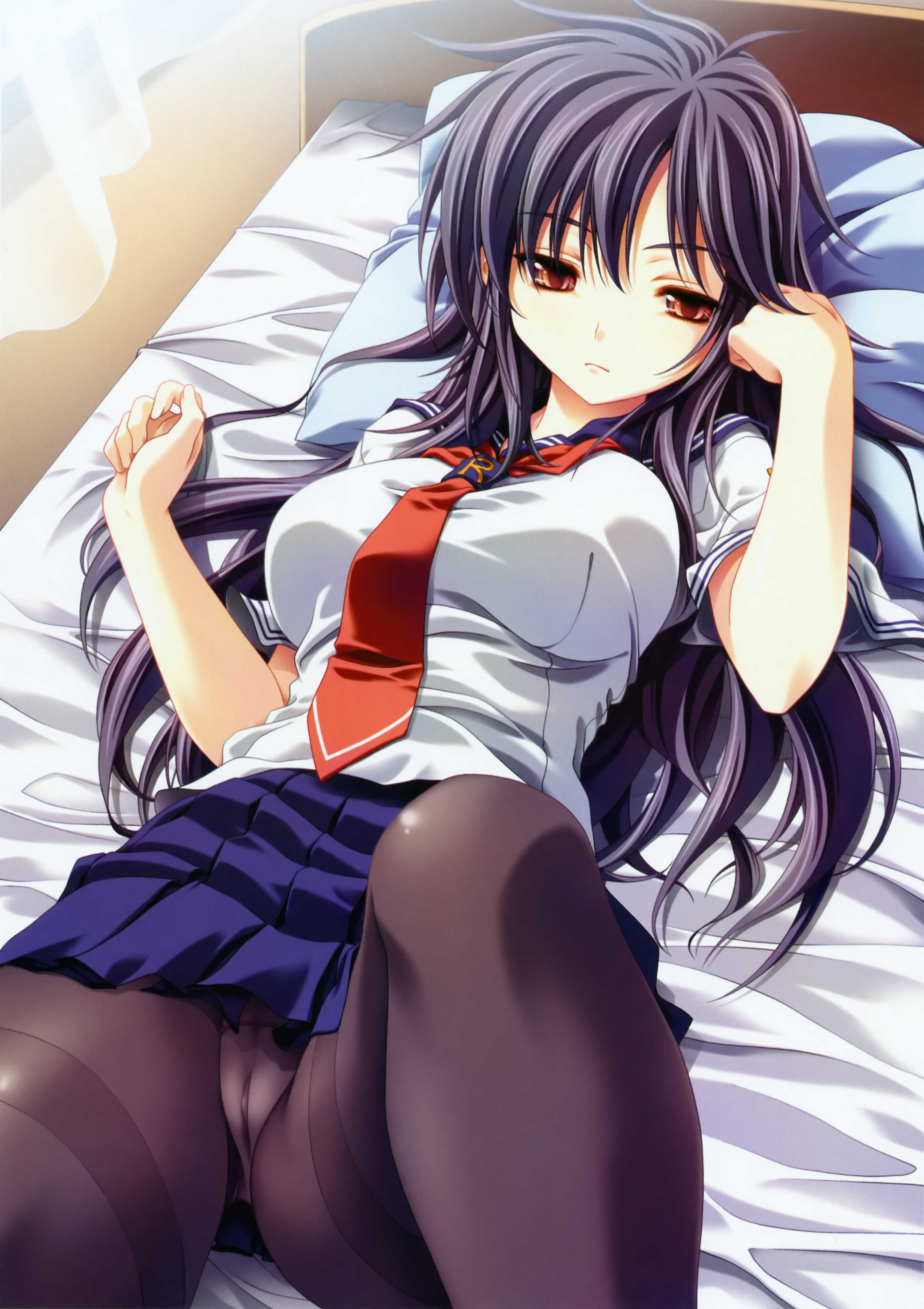 miyama-zero, yashi nagomi, tsuyokiss, absurdres, highres, huge filesize, 1girl, bed, black hair, cameltoe, female focus, leg lift, long hair, lying, necktie, on back, on bed, panties, panties under pantyhose, pantyhose, pantyshot, red eyes, school uniform, serafuku, skirt, solo, thighband pantyhose, underwear, upskirt