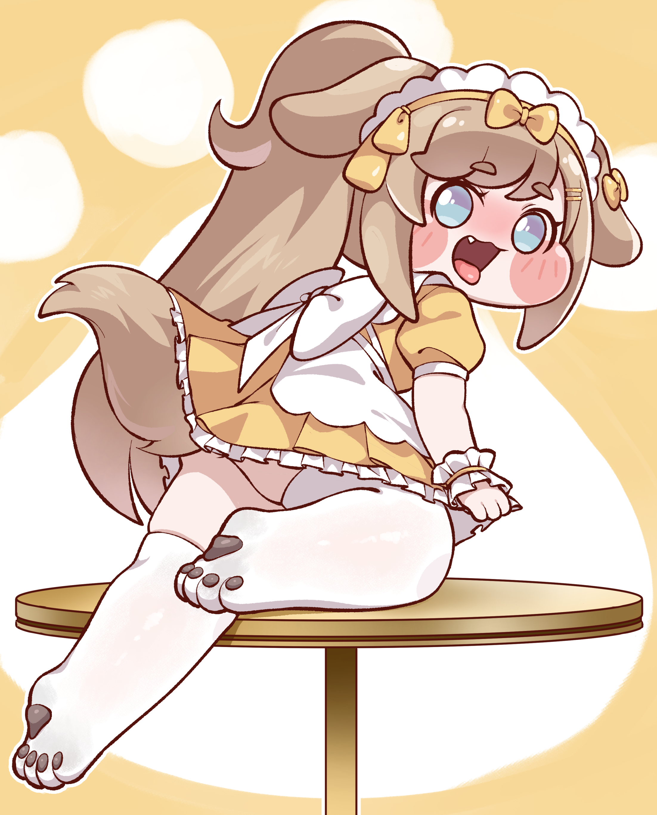 kitosan (user wtmz2482), butter (trickcal), trickcal, absurdres, commentary request, highres, korean commentary, 1girl, :3, alternate costume, animal ears, apron, blue eyes, blush stickers, bow, brown hair, dog ears, dog girl, dog tail, dress, enmaided, fang, frilled wrist cuffs, frills, hair bow, long hair, looking at viewer, looking back, maid, maid headdress, no shoes, on one knee, on table, open mouth, paw print, paw print background, paw print soles, ponytail, puffy cheeks, puffy short sleeves, puffy sleeves, short dress, short sleeves, smile, solo, table, tail, thighhighs, tongue, tongue out, white apron, white thighhighs, wrist cuffs, yellow background, yellow bow, yellow dress
