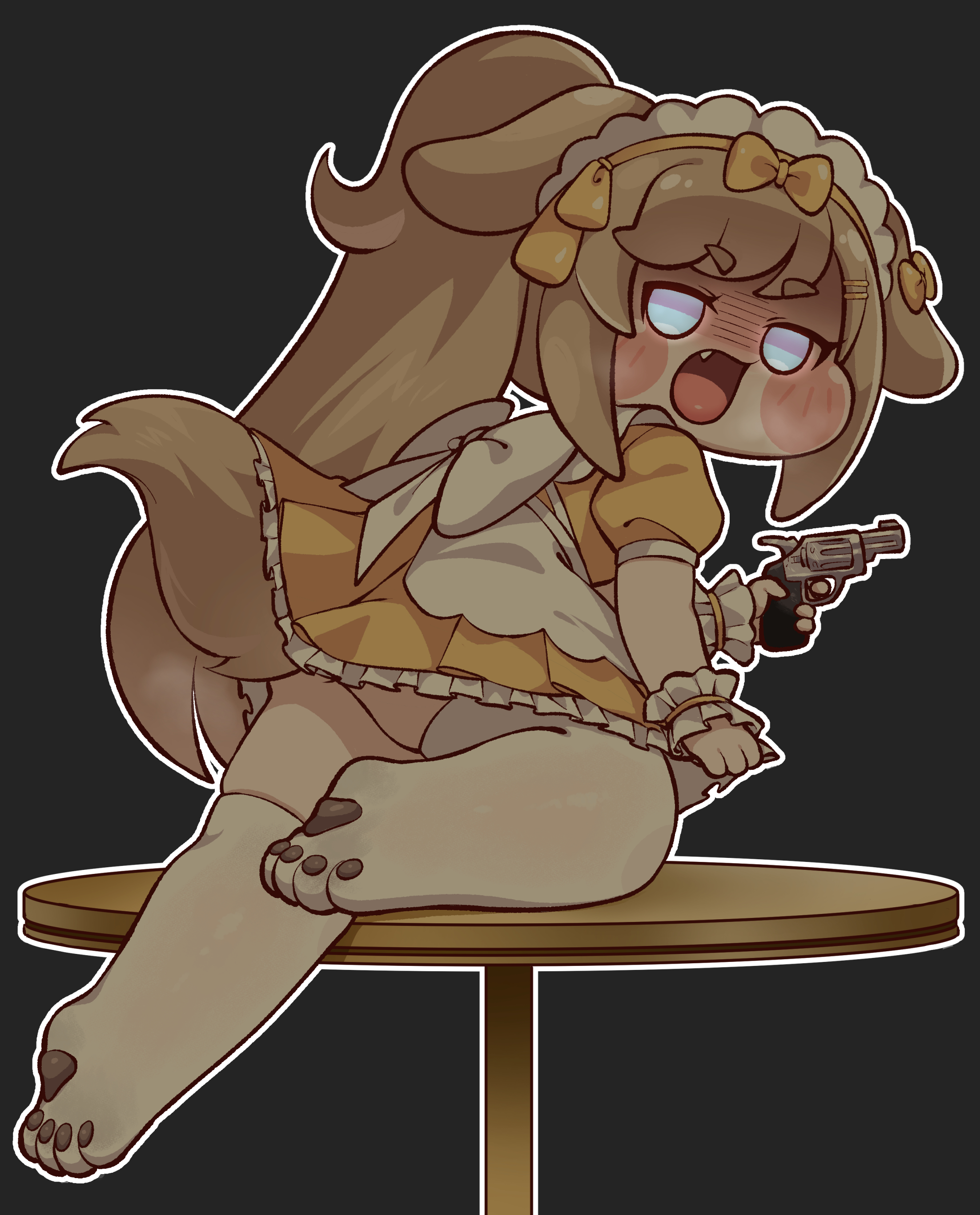 kitosan (user wtmz2482), butter (trickcal), trickcal, absurdres, commentary request, highres, korean commentary, 1girl, :3, alternate costume, animal ears, apron, black background, blue eyes, blush stickers, bow, brown hair, dog ears, dog girl, dog tail, dress, enmaided, fang, frilled wrist cuffs, frills, gun, hair bow, half-closed eyes, handgun, holding, holding gun, holding weapon, long hair, looking at viewer, looking back, maid, maid headdress, no shoes, on one knee, on table, open mouth, outline, paw print soles, ponytail, puffy cheeks, puffy short sleeves, puffy sleeves, revolver, shaded face, short dress, short sleeves, simple background, solo, table, tail, thighhighs, tongue, tongue out, weapon, white apron, white outline, white thighhighs, wrist cuffs, yellow bow, yellow dress