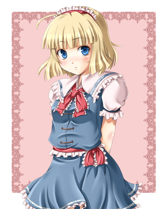 mochi.f, alice margatroid, touhou, bad id, bad pixiv id, 1girl, ahoge, alternate hairstyle, arms behind back, blonde hair, blue eyes, blunt bangs, blush, bob cut, female focus, frills, hairband, short hair, solo, standing