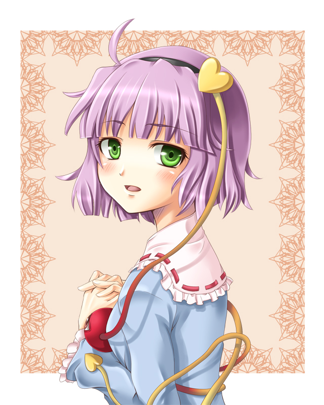mochi.f, komeiji satori, touhou, bad id, bad pixiv id, 1girl, female focus, green eyes, hairband, purple hair, short hair, solo, upper body