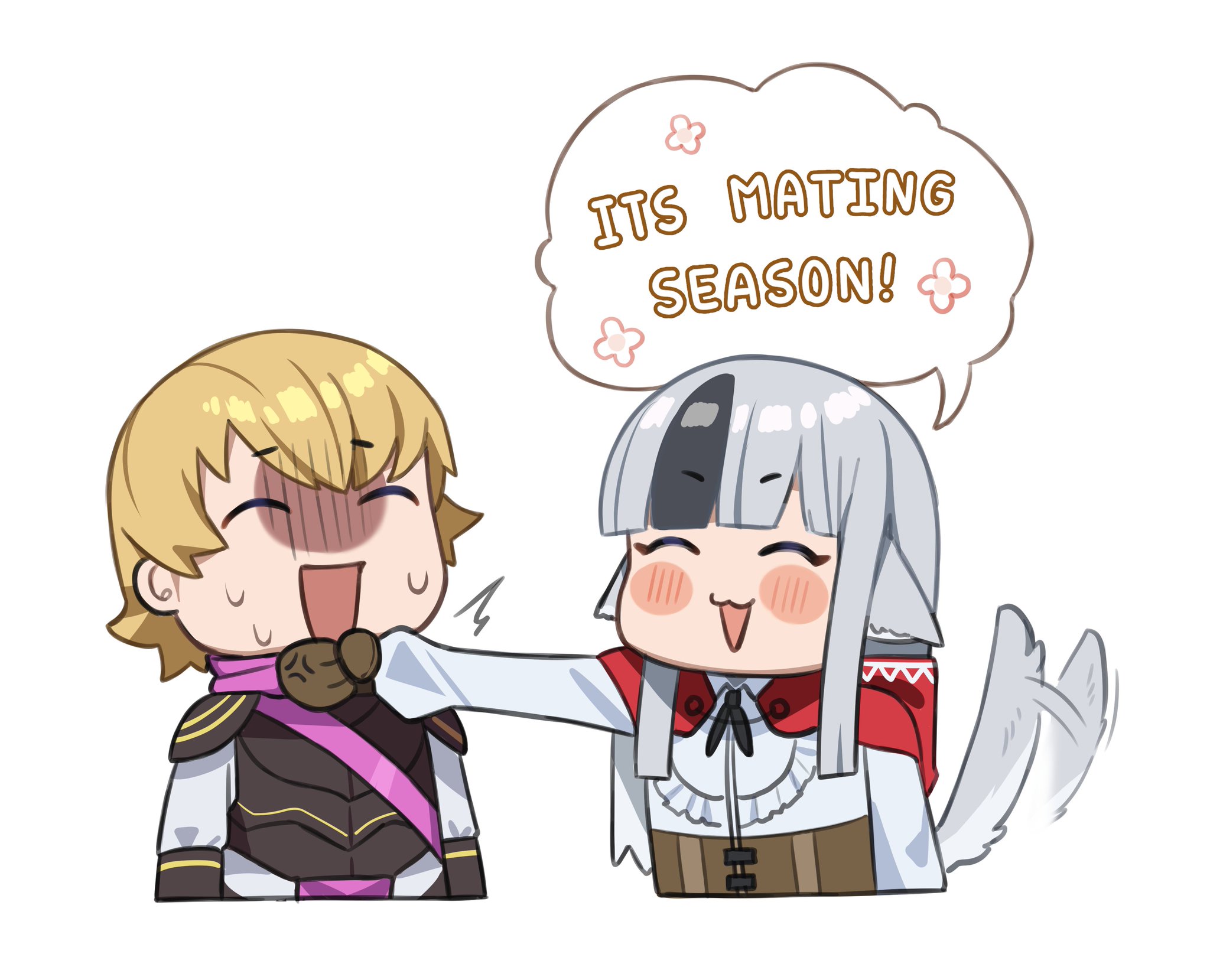 nkirii, siegbert (fire emblem), velouria (fire emblem), fire emblem, fire emblem fates, nintendo, commission, highres, 1boy, 1girl, armor, blush, chibi, chibi only, closed eyes, couple, english text, grey hair, hetero, open mouth, speech bubble