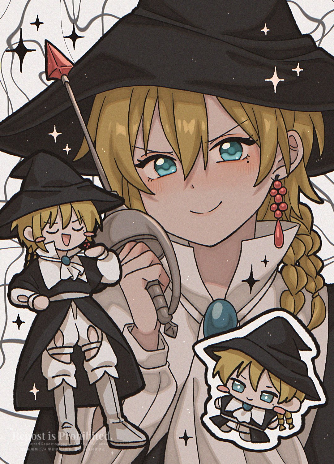 titus alexius, magi the labyrinth of magic, highres, 1boy, androgynous, black hat, blonde hair, blue eyes, blush, blush stickers, chibi, closed eyes, closed mouth, hat, kmyq4knnni5257, long sleeves, looking at viewer, male focus, mole, mole under eye, smile, solo, watermark, witch hat
