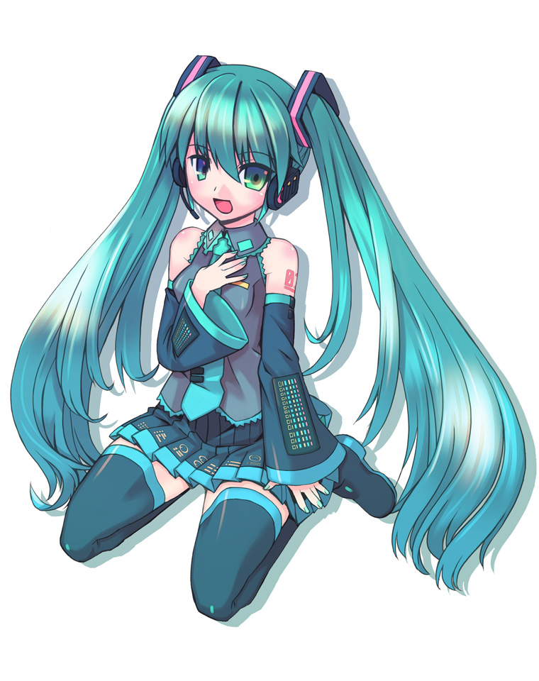 yukimura tsubame, hatsune miku, vocaloid, 1girl, aqua eyes, aqua hair, aqua nails, bare shoulders, blue thighhighs, detached sleeves, female focus, hair ornament, hand on another's chest, hand on own chest, kneeling, long hair, microphone, miniskirt, music, nail polish, necktie, open mouth, pleated skirt, simple background, singing, sitting, skirt, smile, solo, thighhighs, twintails, very long hair, wariza, zettai ryouiki
