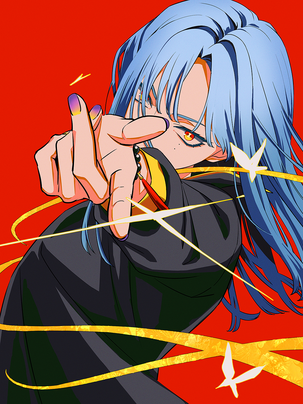ten0u0, milan kestrel, nijisanji, highres, 1boy, beads, black shirt, blue hair, bug, butterfly, collared shirt, dutch angle, hair over one eye, insect, long hair, long sleeves, looking at viewer, milan kestrel (2nd costume), mole, mole under eye, pointing, prayer beads, red background, shirt, simple background, upper body, virtual youtuber, yellow eyes