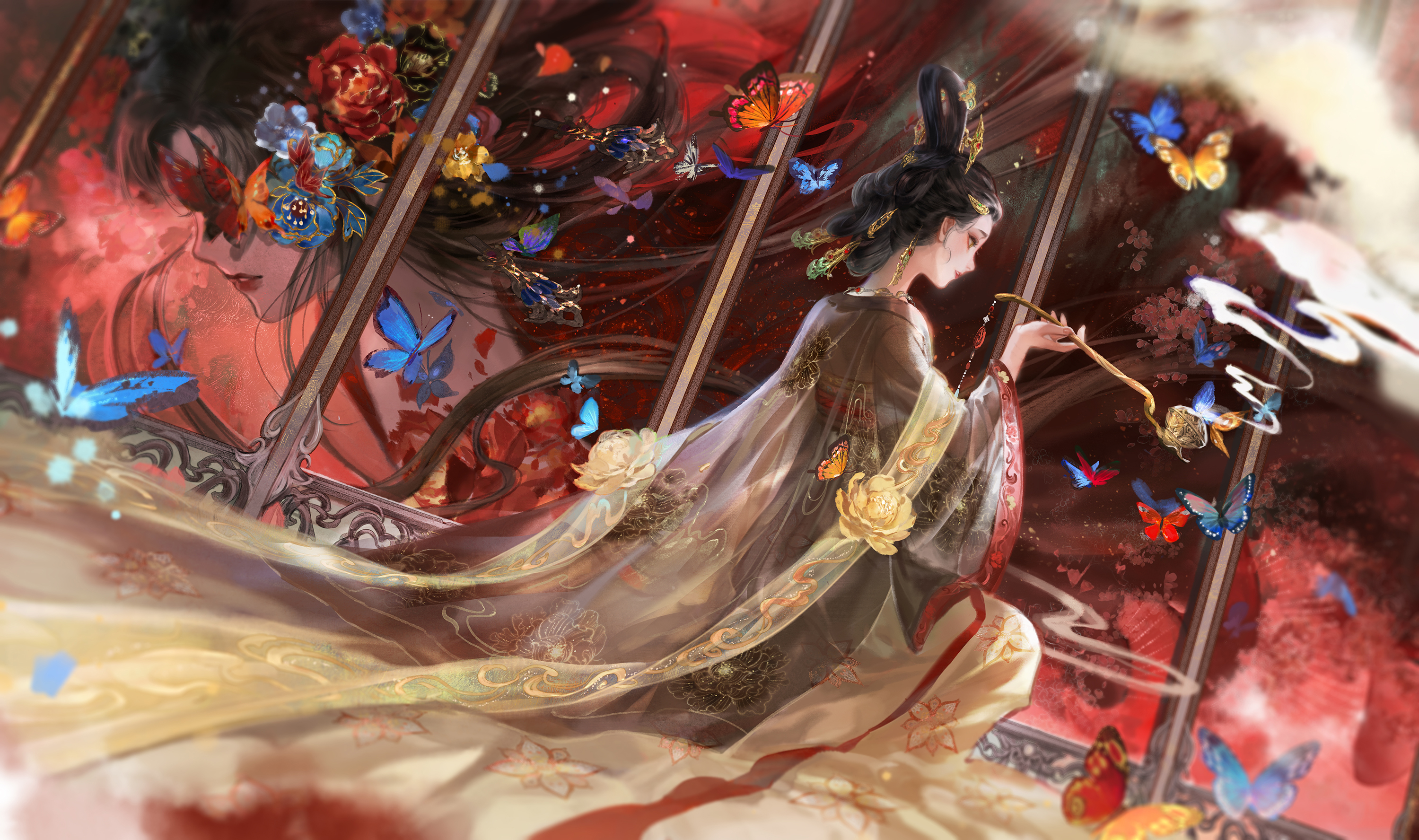 sasora, nikki (series), shining nikki, chinese commentary, commentary request, highres, 2girls, bamboo screen, black hair, blue butterfly, bone ash painted screen (shining nikki), brown eyes, brown hanfu, bug, butterfly, butterfly in eye, camellia, chinese hairpin, closed mouth, crown, expressionless, eyelashes, floating hair, flower, forehead, from behind, full body, gold crown, golden scroll portrait (shining nikki), hair flower, hair ornament, hair rings, hairclip, half updo, holding, holding smoking pipe, indoors, insect, kneeling, light particles, lipstick, long hair, long sleeves, makeup, multiple girls, parted lips, petals, pointy nose, realistic, red background, red butterfly, red lips, short hair, sitting, smoke, smoking pipe, teeth, topknot, very long hair, wide sleeves, yellow butterfly, yellow flower