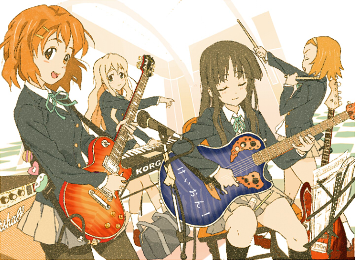 inumaroboya, inumaru (sougen no marogoya), akiyama mio, hirasawa yui, kotobuki tsumugi, tainaka ritsu, k-on!, 00s, 4girls, amplifier, badge, bag, bass guitar, blazer, button badge, cable, closed eyes, drumsticks, electric guitar, eraser, gibson les paul, green eyes, guitar, hair ornament, hairband, hairclip, ho-kago tea time, instrument, jacket, keyboard, keyboard (instrument), long hair, microphone, microphone stand, miniskirt, multiple girls, music stand, orange eyes, orange hair, pantyhose, pencil, pleated skirt, ribbon, school uniform, shoes, short hair, sitting, skirt, smile, socks, standing