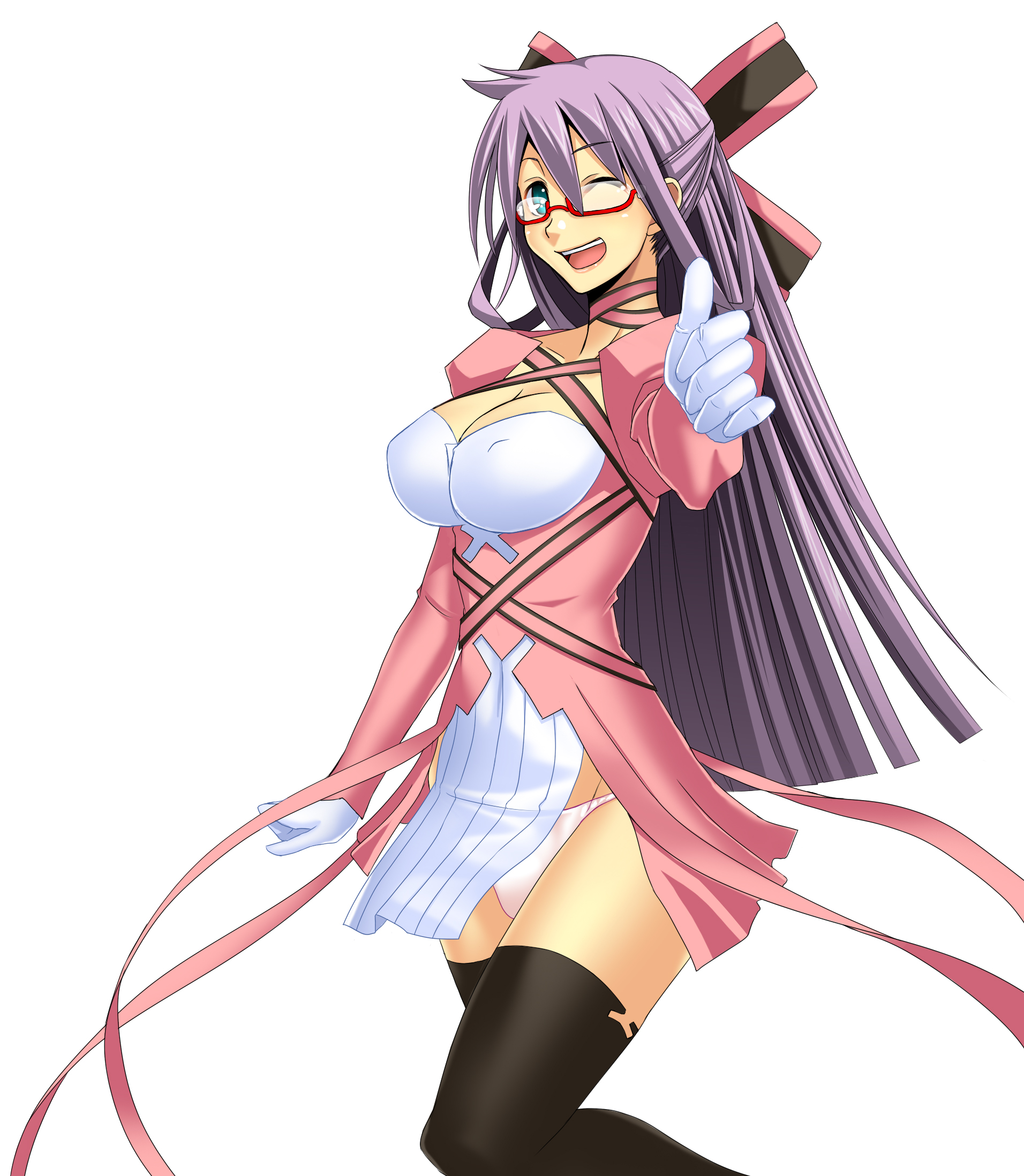 ichimedoo, komaki midori, devil survivor (series), devil survivor 1, highres, 1girl, black thighhighs, blue eyes, breasts, choker, cleavage, dress, female focus, glasses, gloves, hair ornament, large breasts, long hair, one eye closed, panties, pink panties, purple hair, ribbon, simple background, smile, solo, thighhighs, underwear, wink