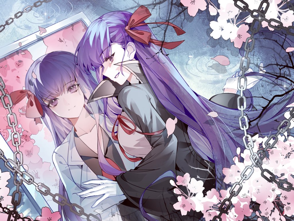 minamisakura011, bb (fate), fate/extra, fate/extra ccc, fate (series), 2girls, chain, cherry blossoms, hair ribbon, long hair, multiple girls, purple hair, red ribbon, ribbon, studded garter belt, very long hair