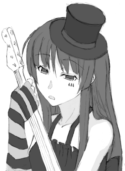 kagome (traumatize), akiyama mio, don't say "lazy", k-on!, 00s, 1girl, female focus, greyscale, hat, mini hat, mini top hat, monochrome, solo, top hat