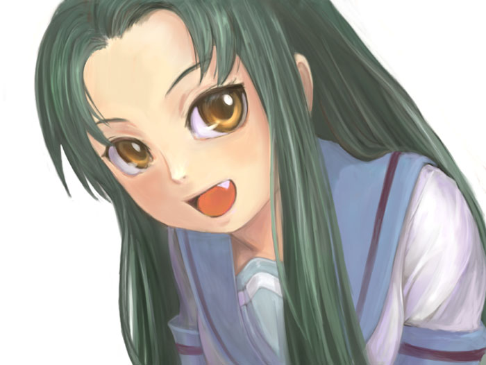 ikara, tsuruya, suzumiya haruhi no yuuutsu, 00s, 1girl, fang, female focus, green hair, long hair, looking at viewer, open mouth, school uniform, serafuku, solo, white background, yellow eyes