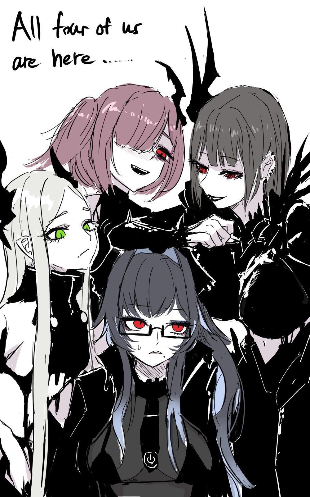 fantomyu, behemoth (nikke), leviathan (nikke), ziz (nikke), goddess of victory: nikke, highres, 4girls, bahamut (nikke), black horns, black liquid, english text, glasses, horns, liquid clothes, multiple girls, navel, red eyes, simple background, smile, white background