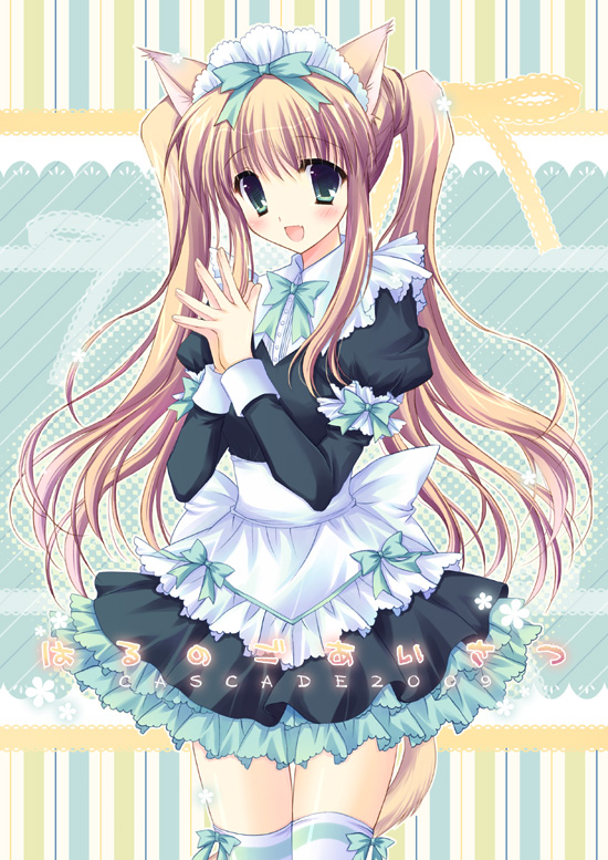 hasekura chiaki, original, 1girl, animal ears, blush, fang, female focus, maid, open mouth, skin fang, solo, striped clothes, striped thighhighs, thighhighs, twintails, zettai ryouiki