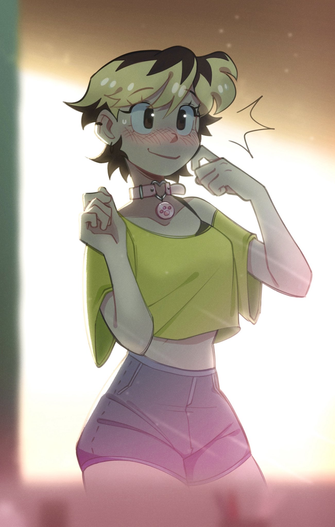 cherry beries, original, highres, 1girl, black hair, blonde hair, blue shorts, blush, brown eyes, closed mouth, collar, collarbone, cropped shirt, denim, denim shorts, ear piercing, green shirt, heart collar, multicolored hair, piercing, pink collar, shirt, short hair, short shorts, shorts, smile, solo, sweatdrop, two-tone hair