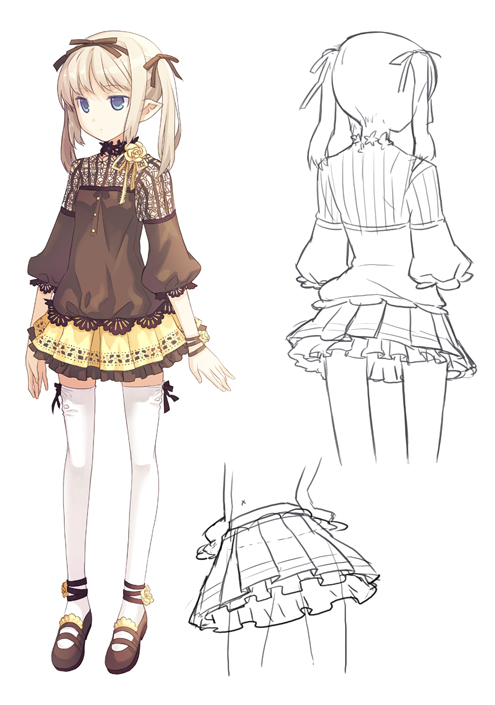 h2so4, original, 1girl, blonde hair, blue eyes, bow, child, female focus, flower, frills, hair ornament, hair ribbon, lace, legs, long hair, miniskirt, pleated skirt, pointy ears, ribbon, rose, shoes, short hair, skirt, solo, standing, thighhighs, twintails, white thighhighs, yellow flower, yellow rose, zettai ryouiki