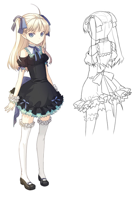 h2so4, original, 1girl, ahoge, bare shoulders, blonde hair, blue eyes, bow, child, dress, female focus, frills, hair ornament, hair ribbon, lace, legs, long hair, ribbon, shoes, skirt, solo, standing, thighhighs, white thighhighs, wristband, zettai ryouiki