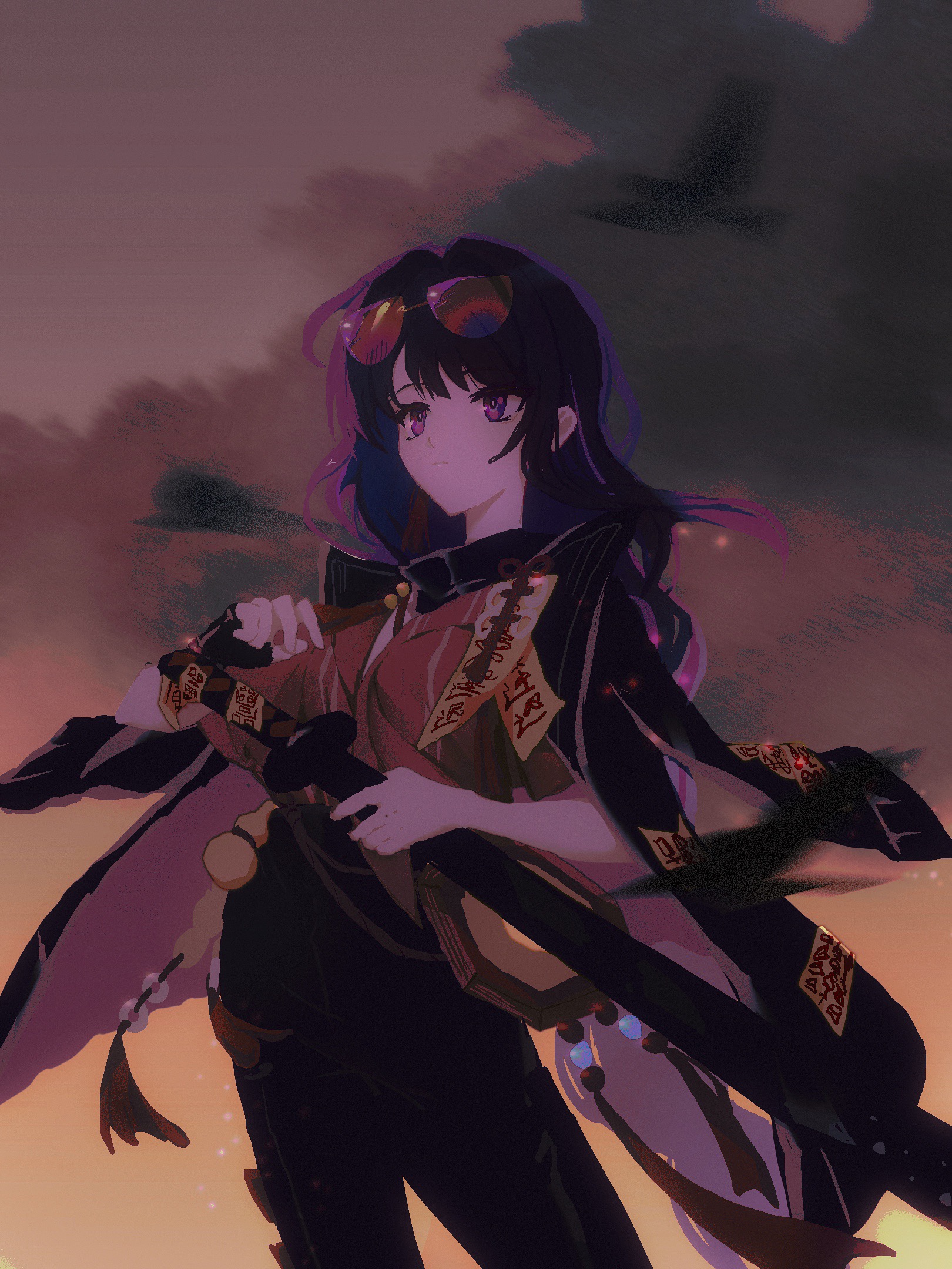 momogourami, raiden shogun, genshin impact, chinese commentary, commission, highres, second-party source, 1girl, alternate costume, alternate universe, black jacket, black pants, blunt bangs, braid, closed mouth, cloud, cloudy sky, collared jacket, collared shirt, dawn, expressionless, eyewear on head, from side, gradient background, holding, holding sword, holding weapon, jacket, jacket on shoulders, katana, leaning to the side, long hair, long sleeves, looking to the side, multicolored hair, no mole, open clothes, open jacket, orange sky, pants, purple eyes, purple hair, shade, shirt, single braid, sky, sleeves rolled up, solo, standing, streaked hair, sunglasses, sunset, sword, upper body, weapon