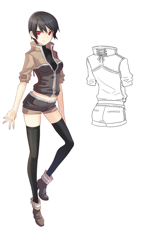 h2so4, original, black hair, breasts, jacket, legs, red eyes, short hair, shorts, thighhighs