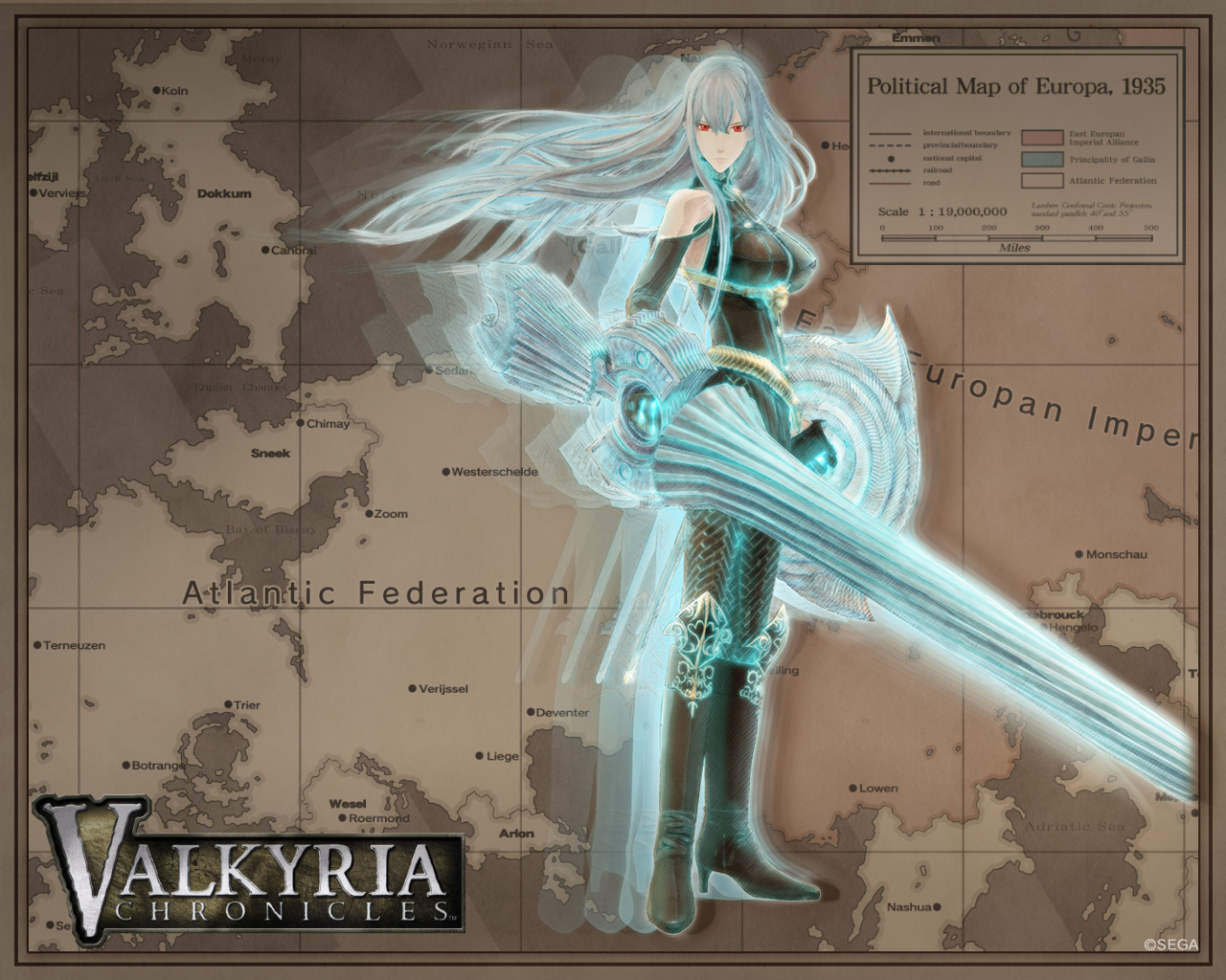 honjou raita, selvaria bles, senjou no valkyria, senjou no valkyria (series), senjou no valkyria 1, silver hair, official art, official wallpaper, 00s, 1girl, bare shoulders, boots, breasts, female focus, gloves, glowing, high heels, huge weapon, lance, large breasts, map, pantyhose, polearm, red eyes, shield, shoes, solo, turtleneck, wavy hair, weapon, wind