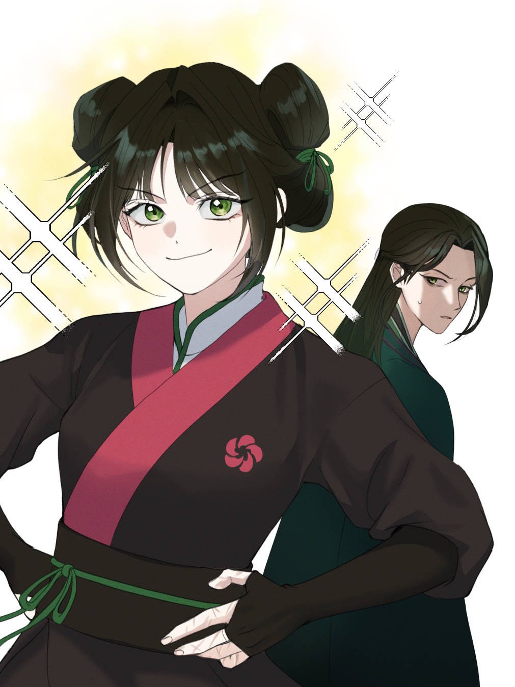 nageutxx, tang soso (return of the mount hua sect), return of the mount hua sect, commentary request, highres, korean commentary, 1boy, 1girl, brother and sister, double bun, green eyes, hair bun, hands on own hips, long hair, looking at another, looking back, parted bangs, sash, scar, scar on hand, siblings, sidelocks, smile, sparkle, sweatdrop, tang zhan (return of the mount hua sect)