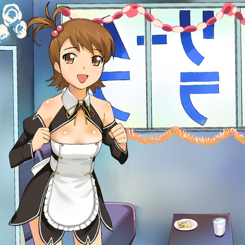 a1 (initial-g), futami ami, setsu (dream c club), dream c club, dream c club (series), idolmaster, idolmaster (classic), idolmaster 1, 1girl, cosplay, female focus, flat chest, flipped hair, hair bobbles, hair ornament, parody, setsu (dream c club) (cosplay), side ponytail, solo
