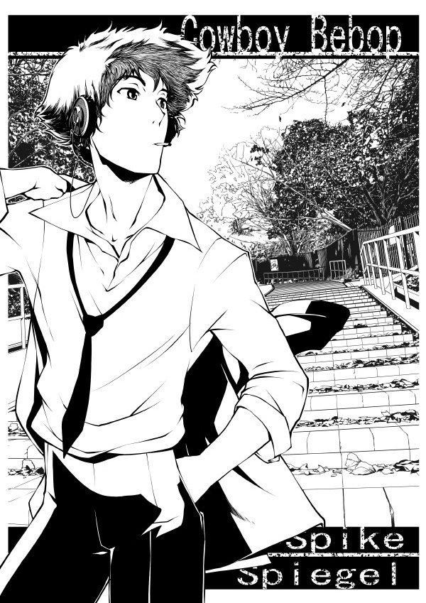 yukari (konekonekozou), spike spiegel, cowboy bebop, 1990s (style), 1boy, greyscale, male focus, monochrome, solo