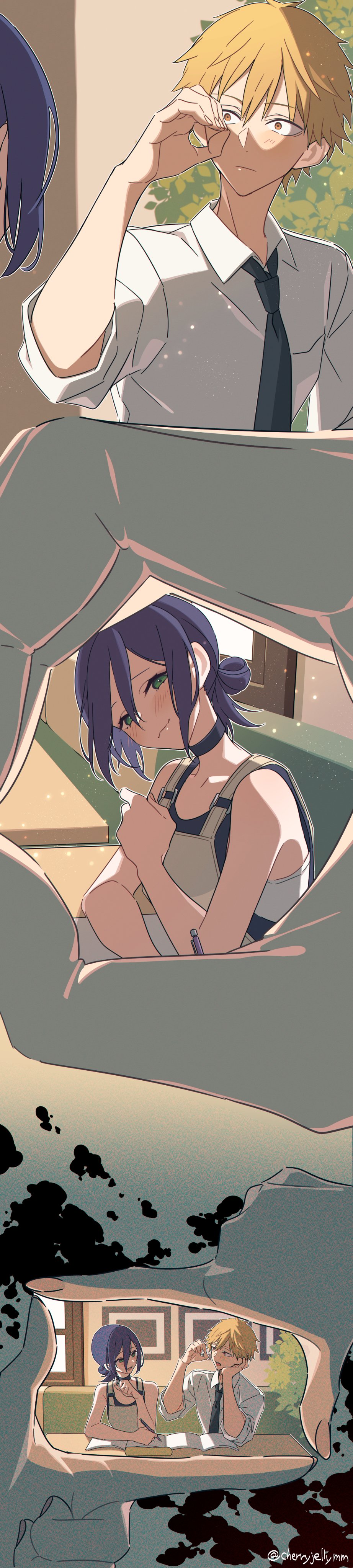 miri (cherryjelly), denji (chainsaw man), reze (chainsaw man), chainsaw man, absurdres, highres, long image, tall image, 1boy, 1girl, apron, black choker, choker, grenade pin, hair bun, pull cord, shirt, shirt tucked in, single hair bun, sleeveless, sleeveless shirt