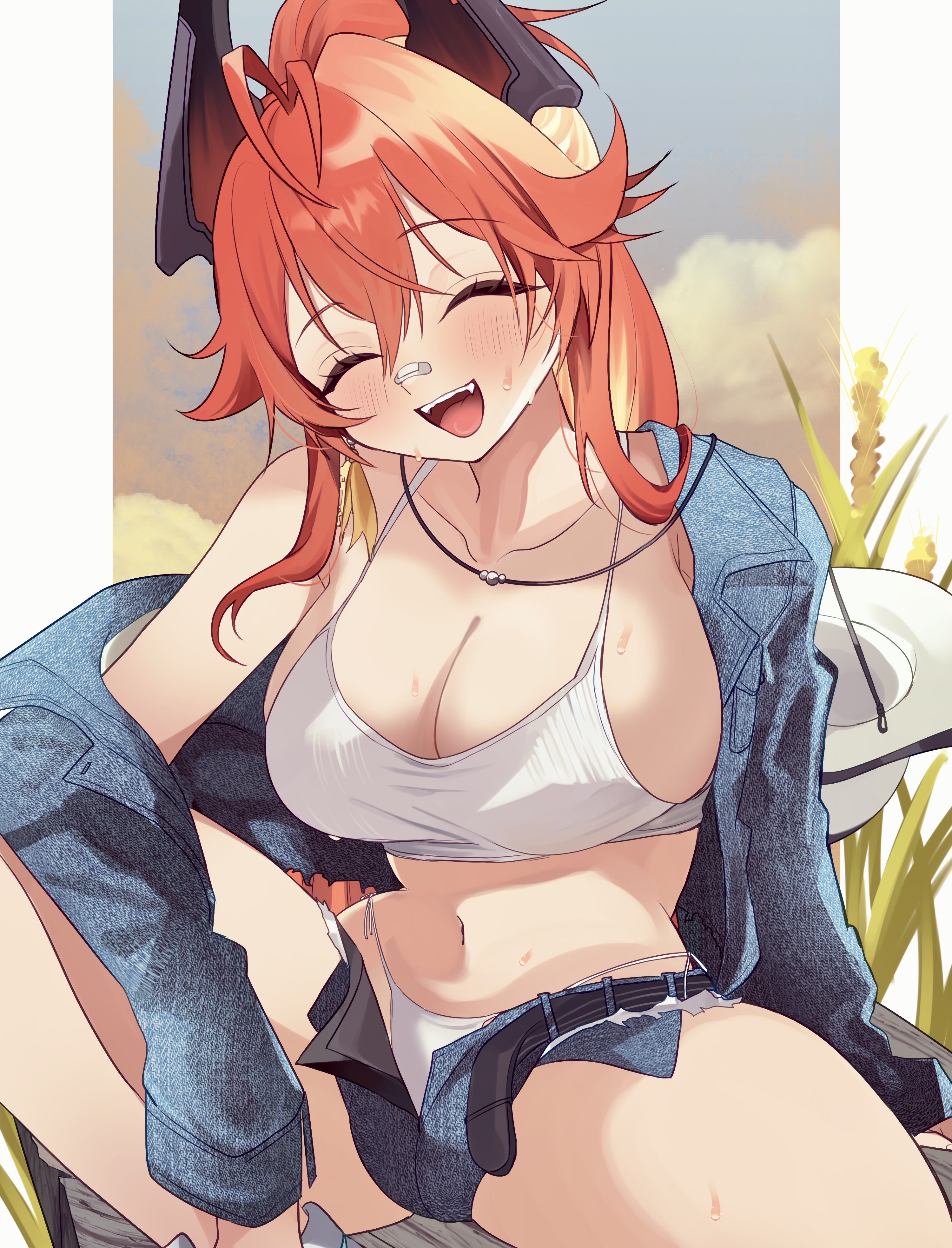 miko (uuua12u), red hood (nikke), goddess of victory: nikke, absurdres, commentary request, highres, 1girl, black horns, camisole, closed eyes, horns, mechanical horns, official alternate costume, open mouth, red hair, smile, solo, white camisole
