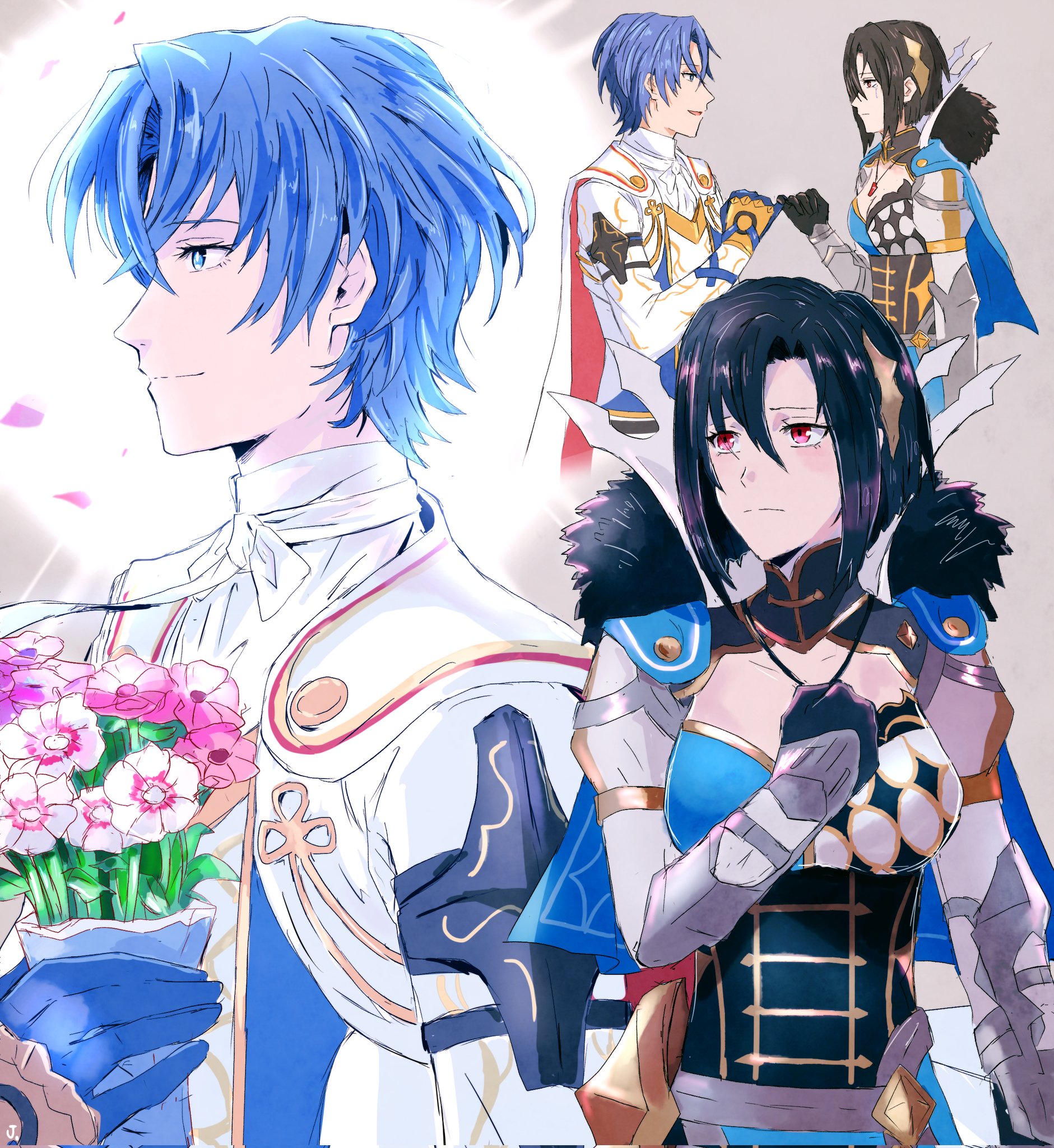 jupiter (042073), male alear (fire emblem), nel (fire emblem), fire emblem, fire emblem engage, nintendo, highres, 1boy, 1girl, black hair, blue eyes, blue hair, breasts, cleavage, closed mouth, large breasts, light persona, looking to the side, medium breasts, multiple views, official alternate hair color, red eyes