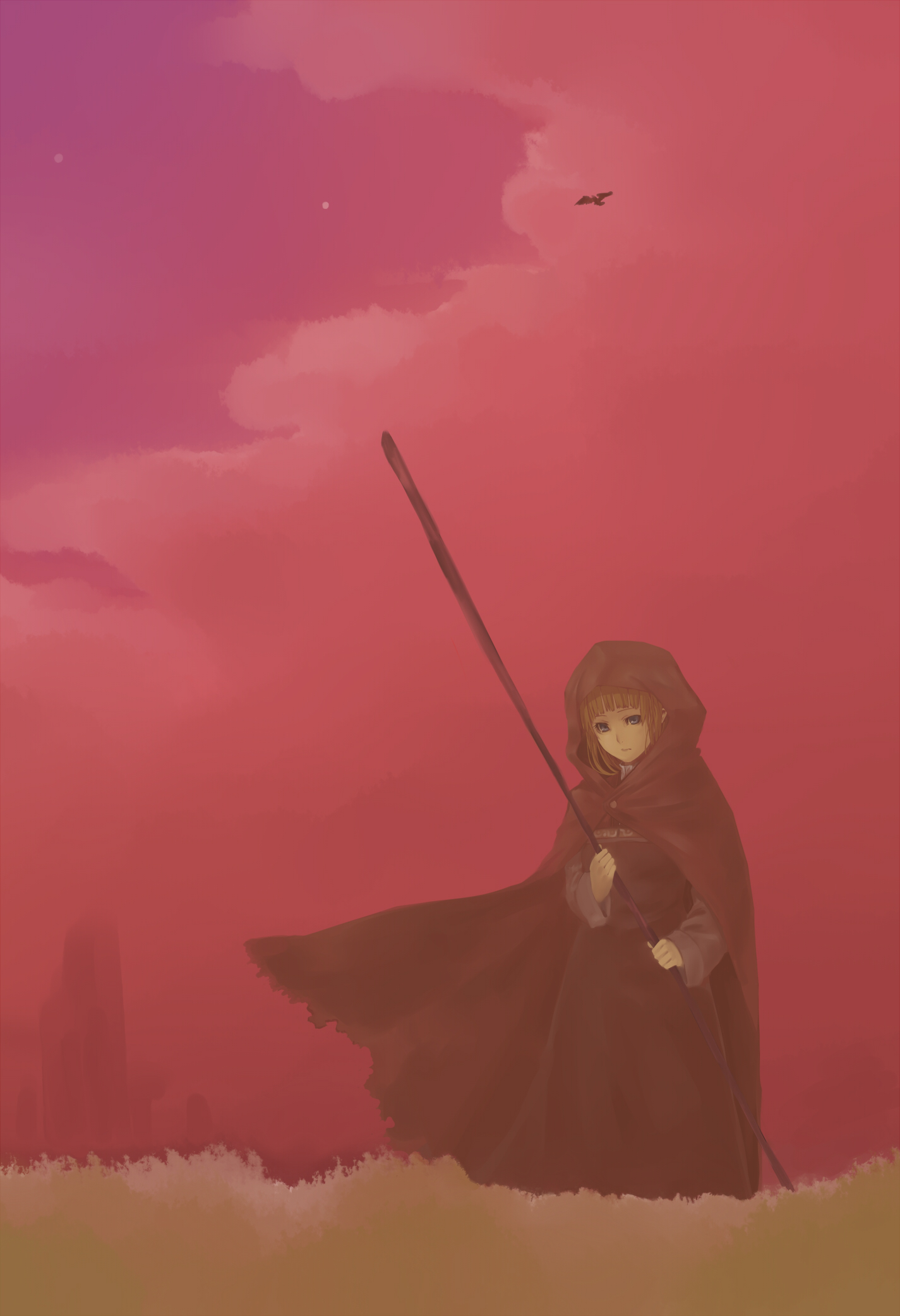 original, highres, bird, blonde hair, blue eyes, cloak, cloud, hood, moon, scenery, sky, solo, staff