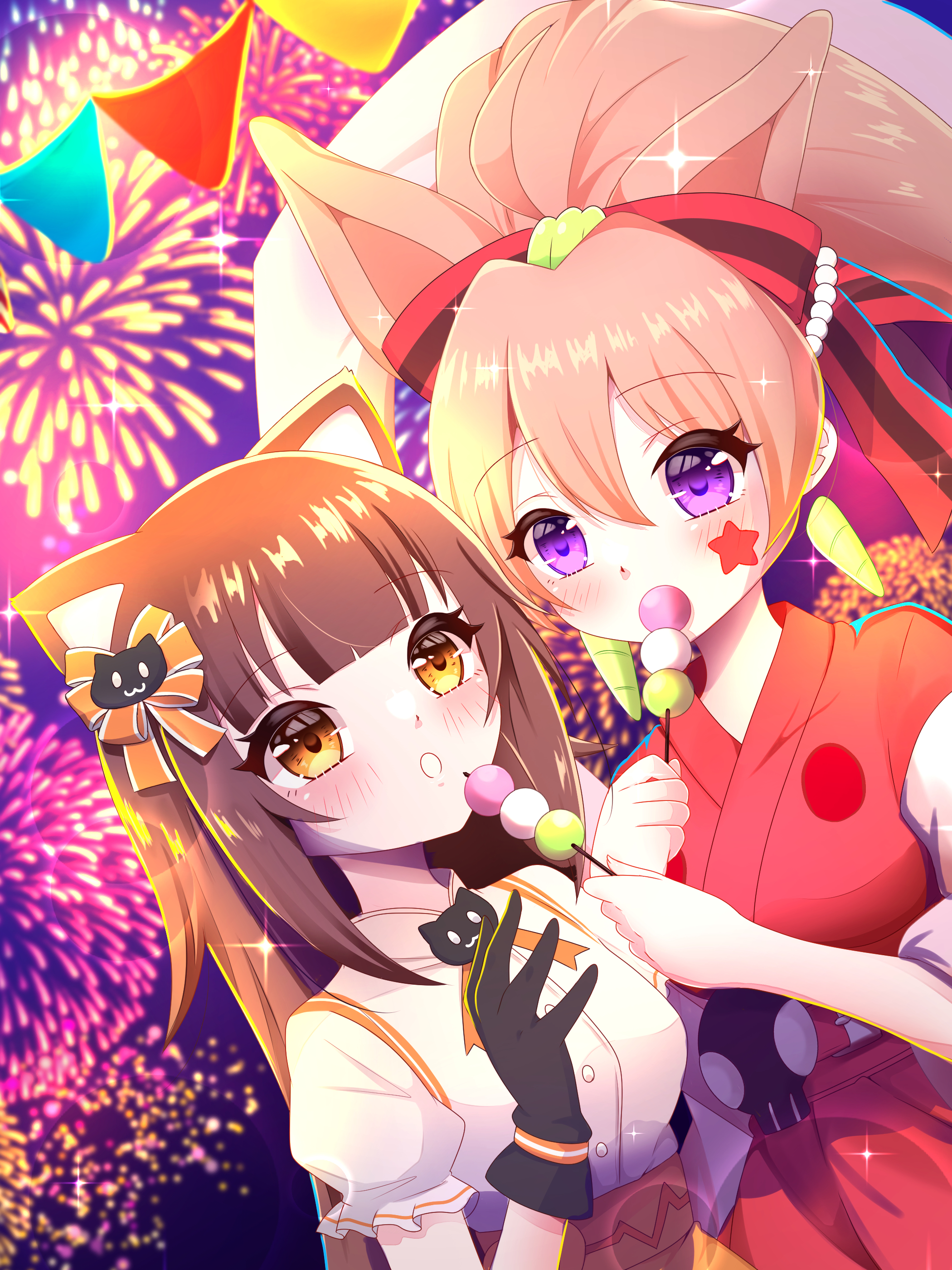 anjou seira, otohime (maimai), sasuga chisa, shama (maimai), yanagiba panda, maimai (game), world dai star, absurdres, highres, 2girls, aerial fireworks, animal ears, black gloves, blush, bow, brown eyes, brown hair, cat ears, cosplay, cotton candy, dango, eating, fireworks, food, gloves, hair bow, holding, holding food, japanese clothes, kimono, long hair, multiple girls, open mouth, otohime (maimai) (cosplay), ponytail, purple eyes, shama (maimai) (cosplay), sparkle, very long hair, wagashi, wide sleeves