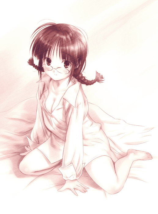 goto p, akizuki ritsuko, idolmaster, idolmaster (classic), idolmaster 1, 00s, 1girl, barefoot, bottomless, braid, breasts, female focus, glasses, monochrome, no pants, open clothes, open shirt, sepia, shirt, solo, twin braids