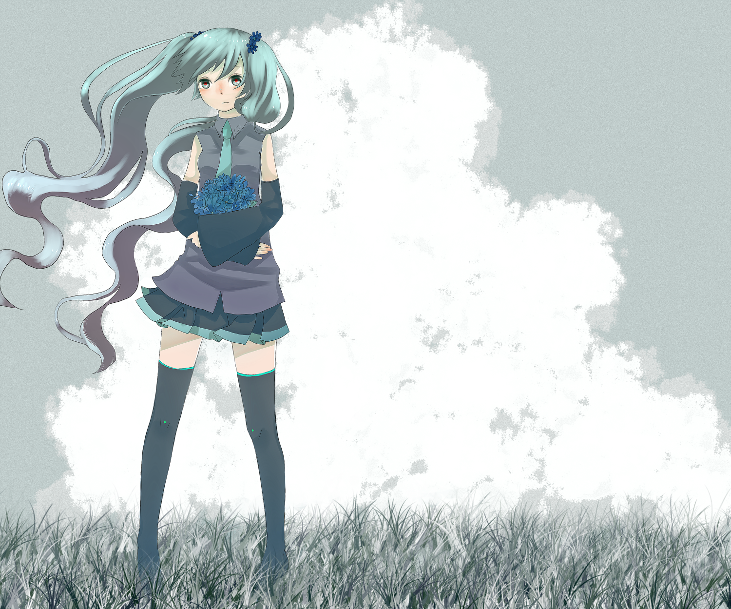 wakuraba, hatsune miku, vocaloid, highres, bouquet, flower, long hair, solo, standing, thighhighs, twintails, very long hair, wind, zettai ryouiki
