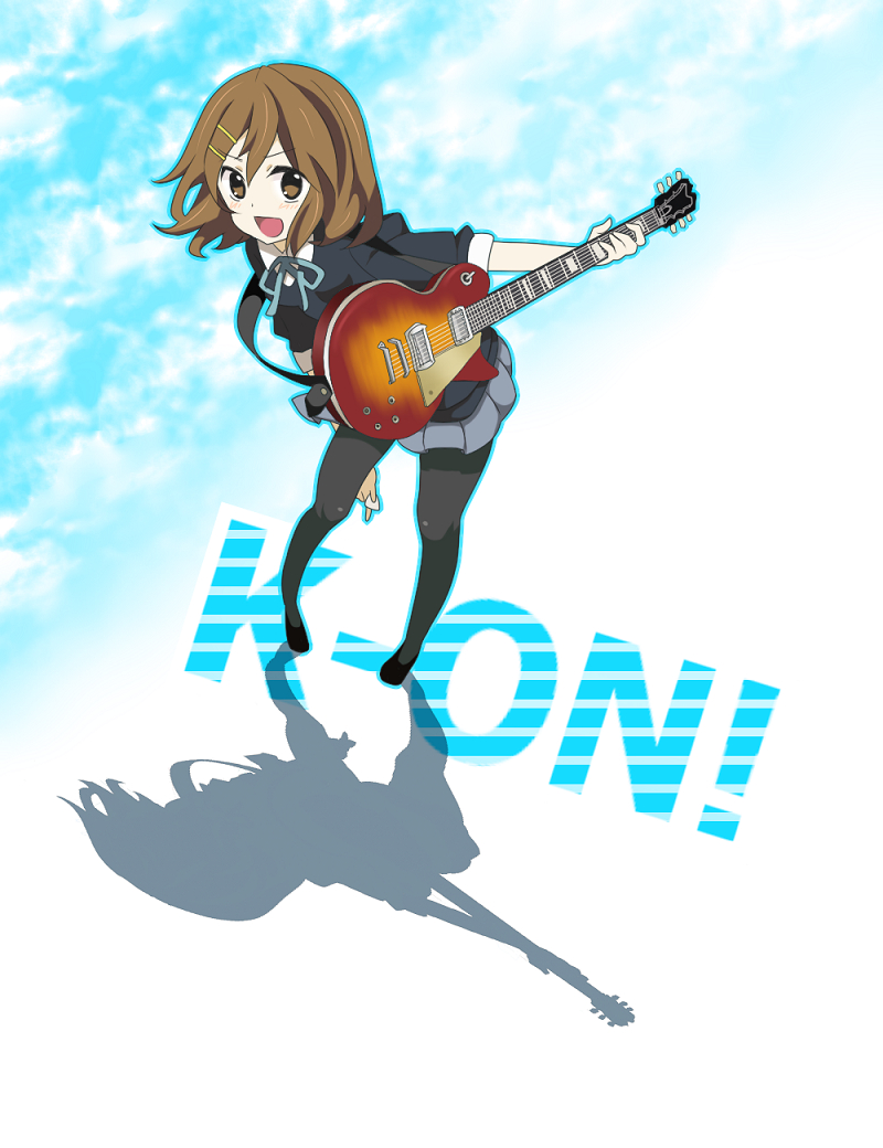 rui (t kimi), hirasawa yui, k-on!, bad id, bad pixiv id, 00s, 1girl, brown eyes, brown hair, female focus, foreshortening, gibson les paul, guitar, hair ornament, hairclip, instrument, laughing, leaning forward, miniskirt, open mouth, pantyhose, pleated skirt, school uniform, shadow, short hair, skirt, sky, smile, solo, standing