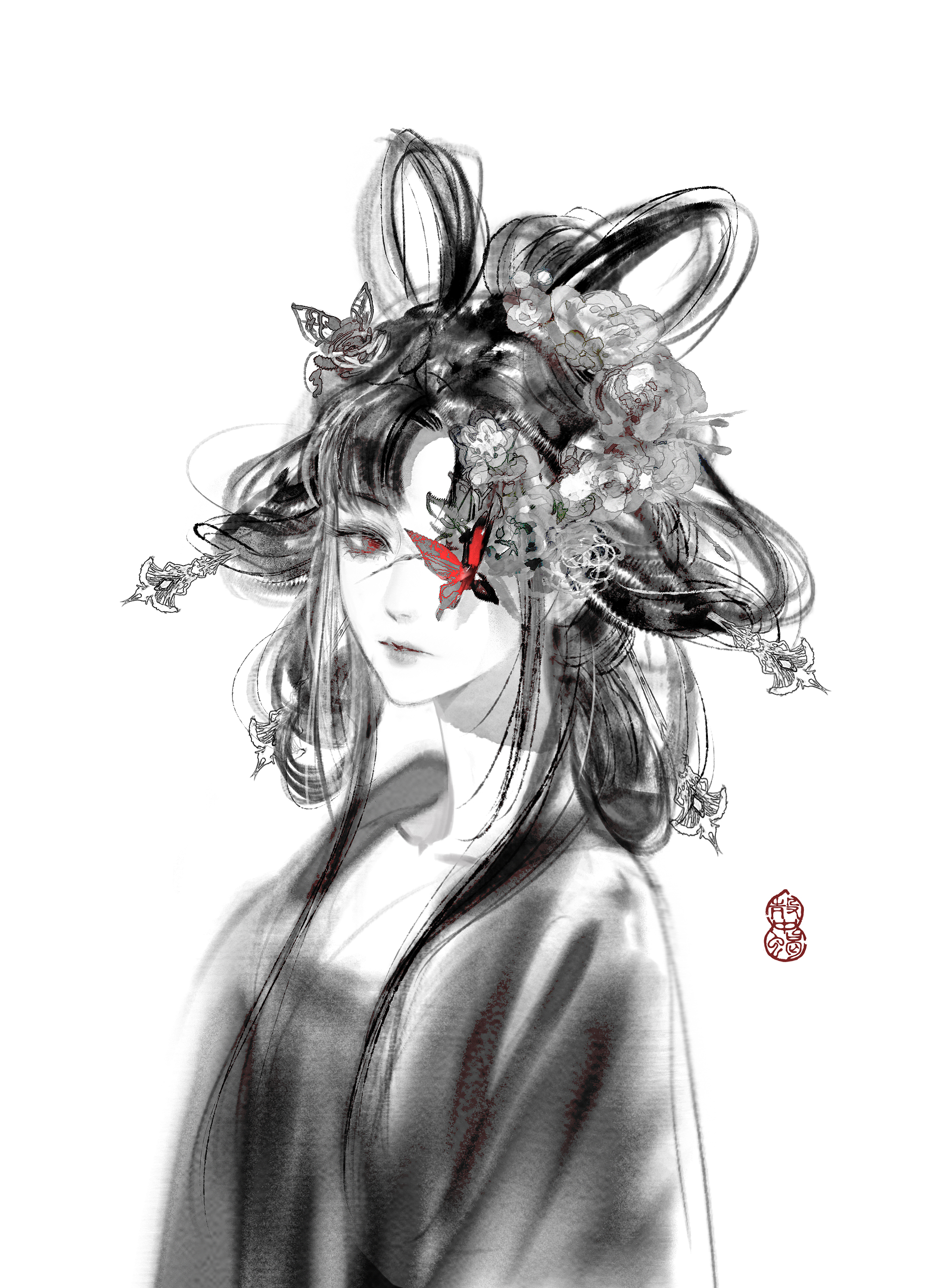 sasora, nikki (series), shining nikki, absurdres, highres, 1girl, bone ash painted screen (shining nikki), bug, butterfly, butterfly hair ornament, butterfly in eye, camellia, chinese clothes, chinese hairpin, closed mouth, collarbone, expressionless, eyelashes, flower, greyscale, hair bun, hair flower, hair ornament, hair rings, hairpin, hanfu, insect, lipstick, long sleeves, looking at viewer, makeup, monochrome, multiple hairpins, parted bangs, realistic, red butterfly, red eyes, short hair, simple background, single hair bun, solo, spot color, updo, upper body, white background