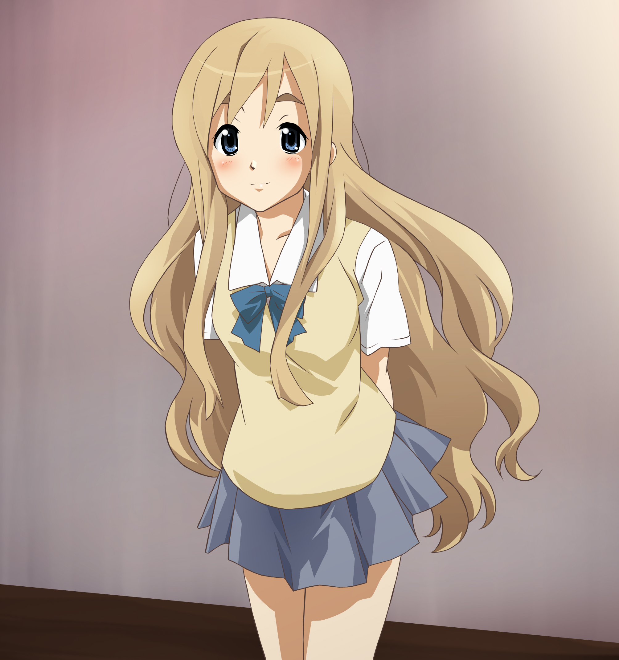 sachira eito, kotobuki tsumugi, k-on!, eyebrows, bad id, bad pixiv id, highres, 00s, 1girl, blonde hair, blue eyes, blush, female focus, long hair, miniskirt, pleated skirt, ribbon, school uniform, skirt, smile, solo, standing, sweater, sweater vest, very long hair, vest