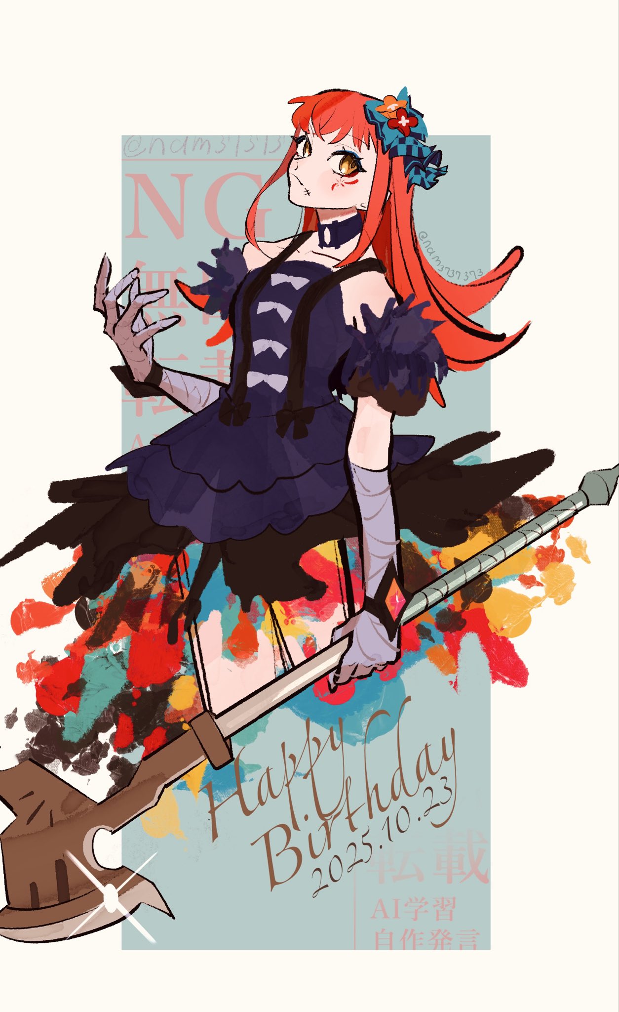 nam3737373, panette (fire emblem), fire emblem, fire emblem engage, nintendo, highres, 1girl, aqua eyeshadow, axe, bandaged arm, bandaged hand, bandages, dated, eyeliner, eyeshadow, facial mark, fur sleeves, happy birthday, holding, holding axe, long hair, makeup, orange hair, red eyeliner, short bangs, stitched mouth, stitches