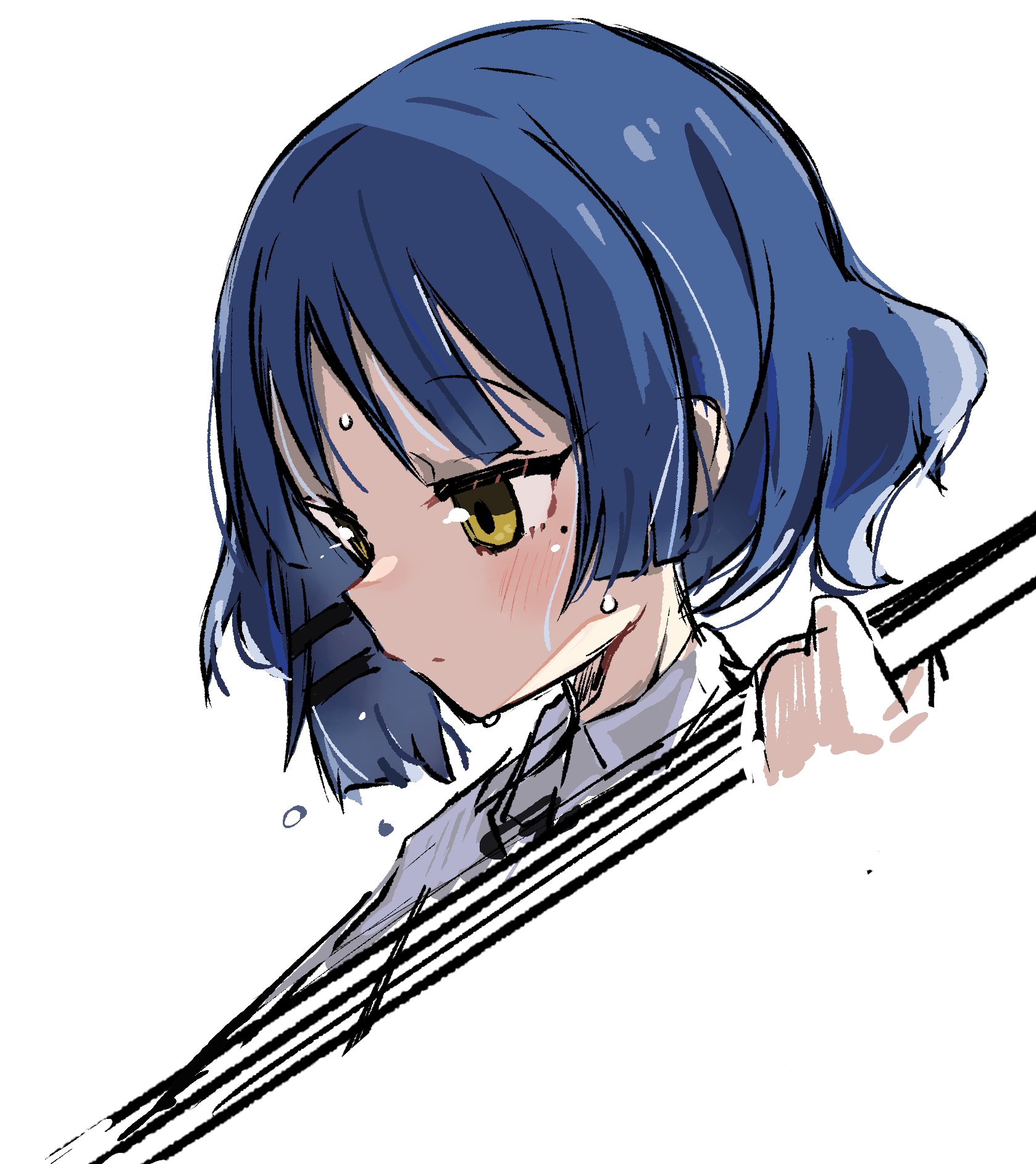 sukima (crie), yamada ryo, bocchi the rock!, highres, bass guitar, blush, closed mouth, hair ornament, instrument, short hair, simple background, sweat, sweatdrop, white background, yellow eyes