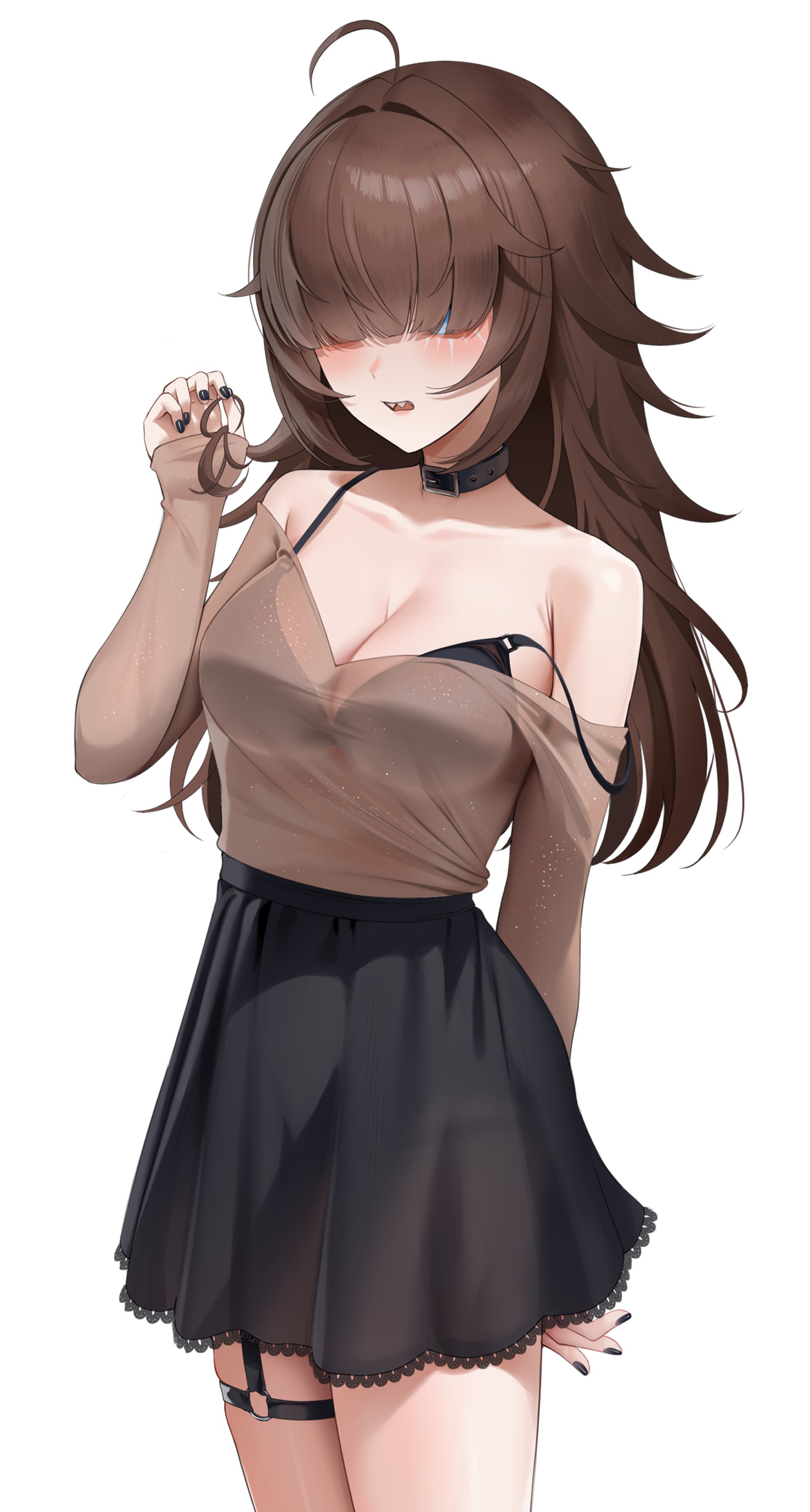 vaughnilla, original, absurdres, highres, 1girl, ahoge, belt collar, black collar, black nails, black skirt, bra visible through clothes, breasts, brown hair, cleavage, collar, collarbone, hair over eyes, long hair, long sleeves, o-ring, open mouth, sharp teeth, skirt, solo, strap slip, teeth, white background