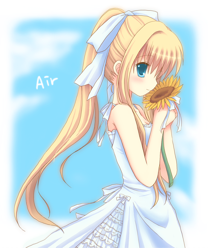 mana (10221125), kamio misuzu, air (visual novel), bad id, bad pixiv id, 00s, blonde hair, blue eyes, copyright name, dress, flower, long hair, ponytail, solo, sunflower, very long hair