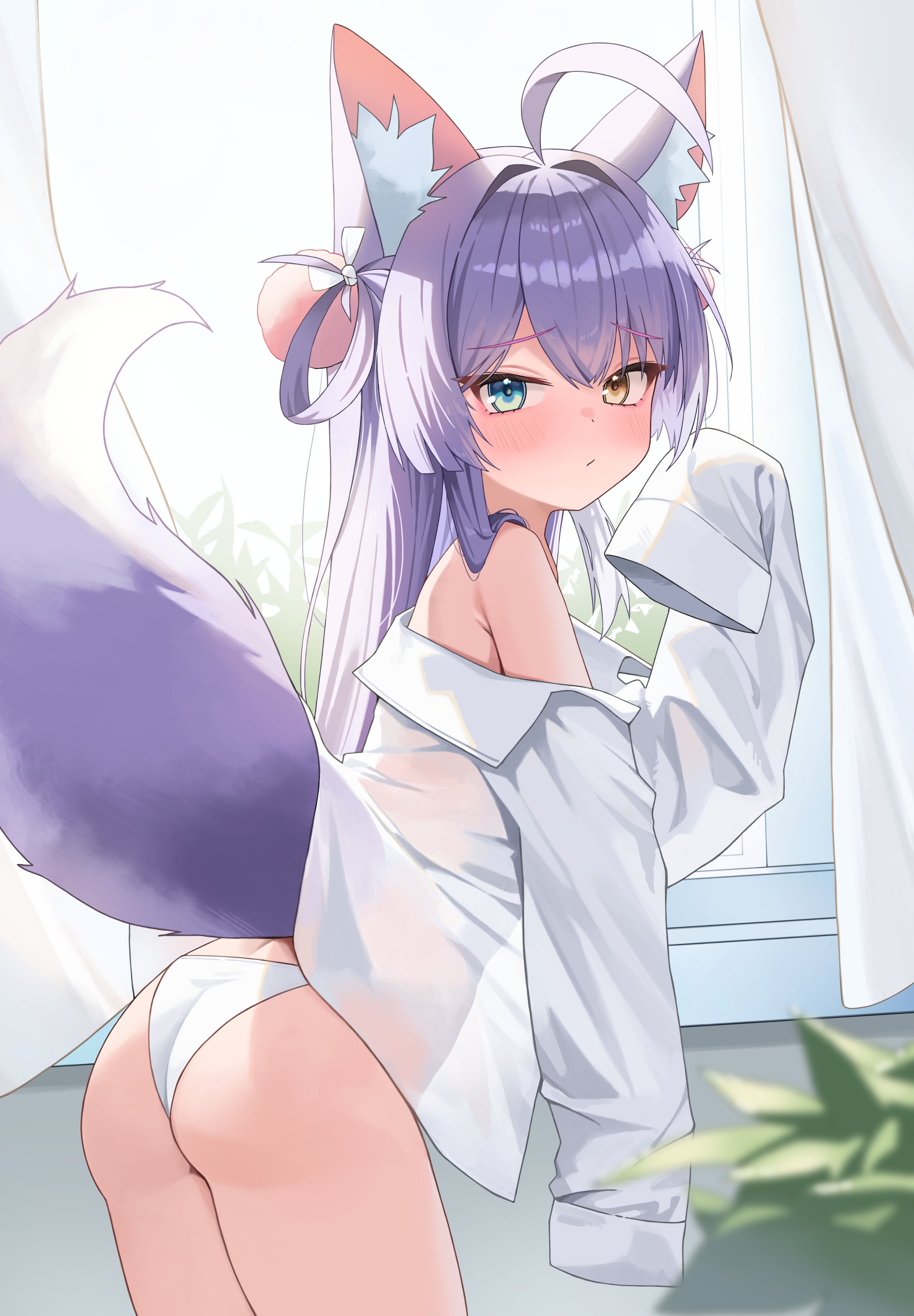 muru (muru zi), tenko shibuki, stellive, absurdres, highres, 1girl, animal ear fluff, animal ears, blue eyes, blush, brown eyes, curtains, day, embarrassed, fox ears, fox girl, fox tail, heterochromia, indoors, long hair, long sleeves, looking at viewer, no pants, off shoulder, open clothes, open shirt, panties, plant, pom pom (clothes), purple hair, raised inner eyebrows, see-through clothes, see-through shirt, shirt, sleeves past fingers, sleeves past wrists, tail, underwear, white panties, white shirt, window