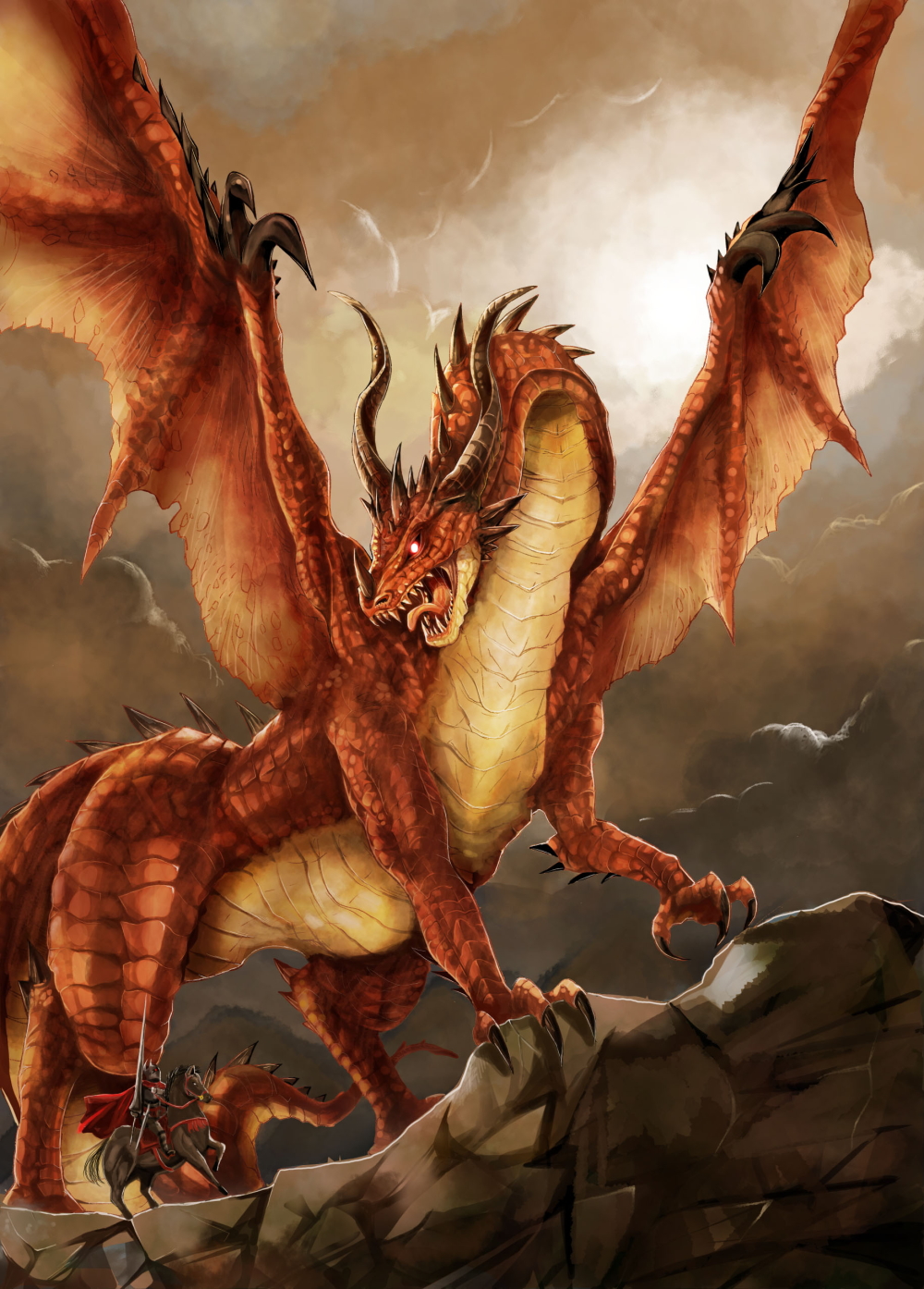 michii yuuki, pixiv fantasia, pixiv fantasia 3, bad id, bad pixiv id, highres, claws, dragon, gigandal federation, horns, horse, horseback riding, knight, mountain, red eyes, riding, spikes, wings